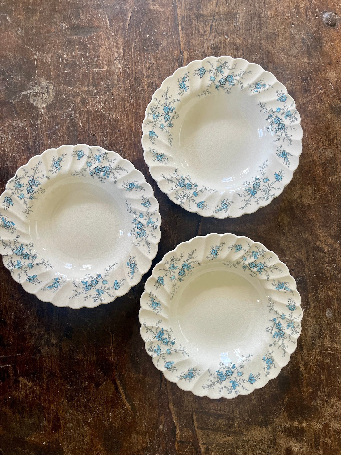 Set of Three (3) Blue and Black Staffordshire Forget Me Not 7 7/8” Bowls