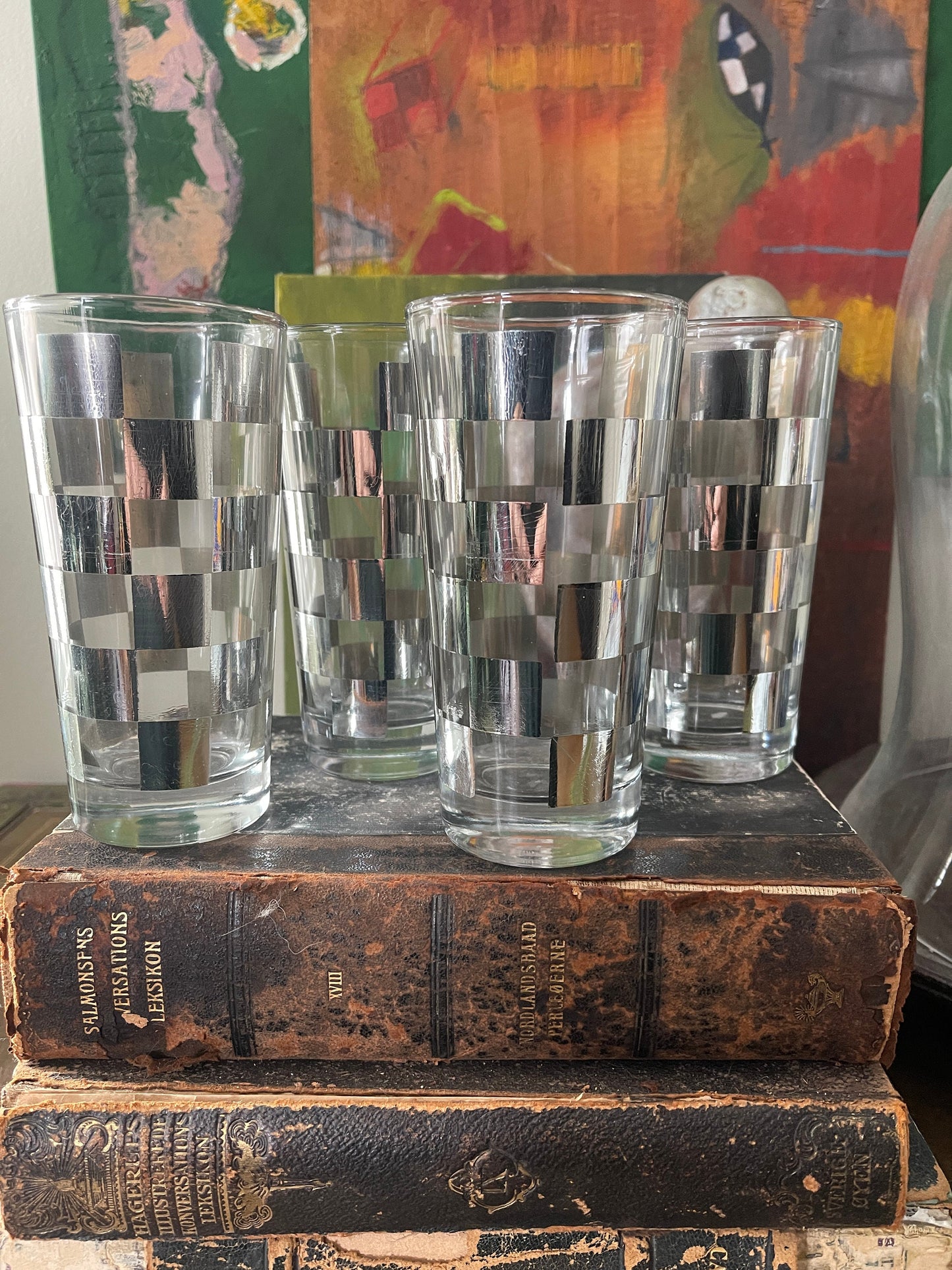 Set of Four (4) Vintage Silver Checkered Barware Drinking Glasses