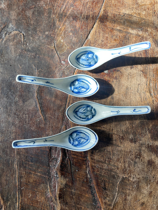 Set of Four (4) Vintage Blue and White Asian Ceramic Spoons with Phoenix