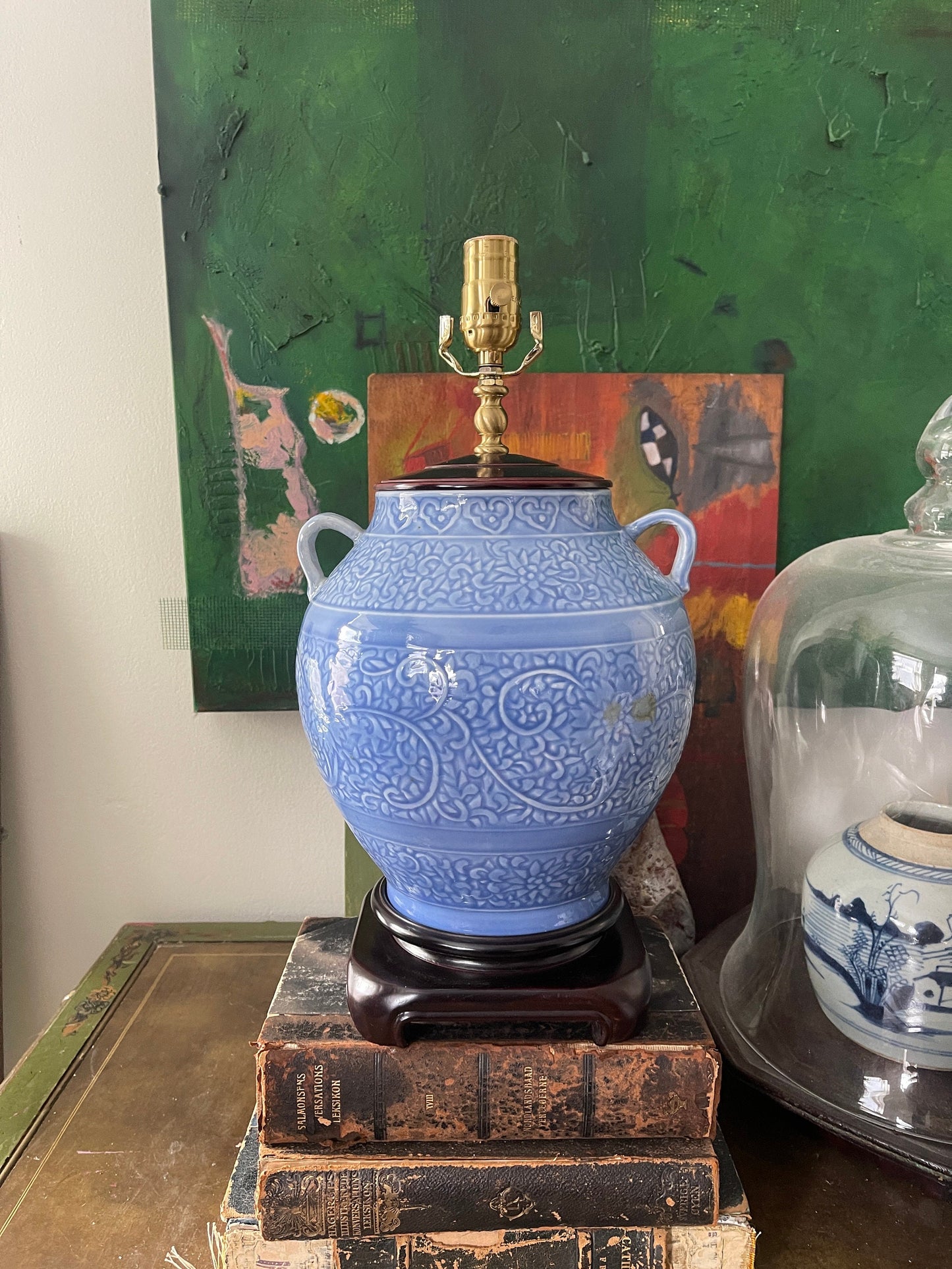 Vintage Blue Asian Water Jug Pottery Lamp