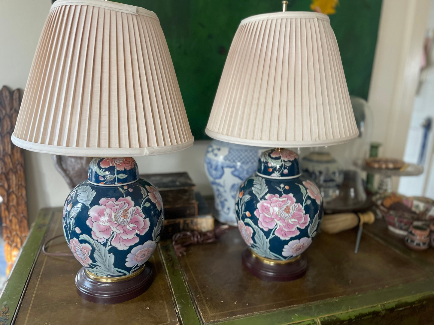 Pair of Blue Floral Chinoiserie Ginger Jar Shaped Lamps