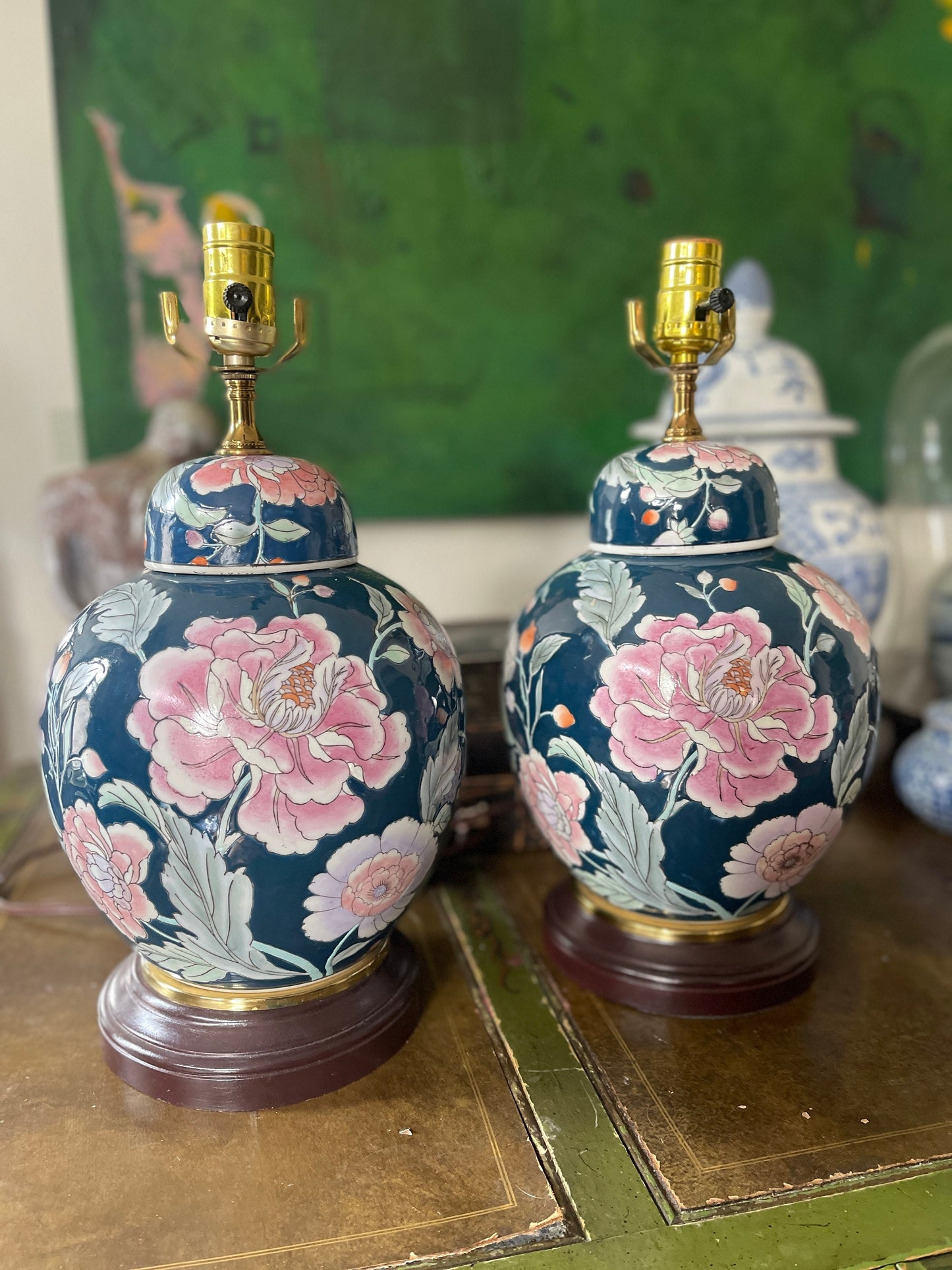 Pair of Blue Floral Chinoiserie Ginger Jar Shaped Lamps