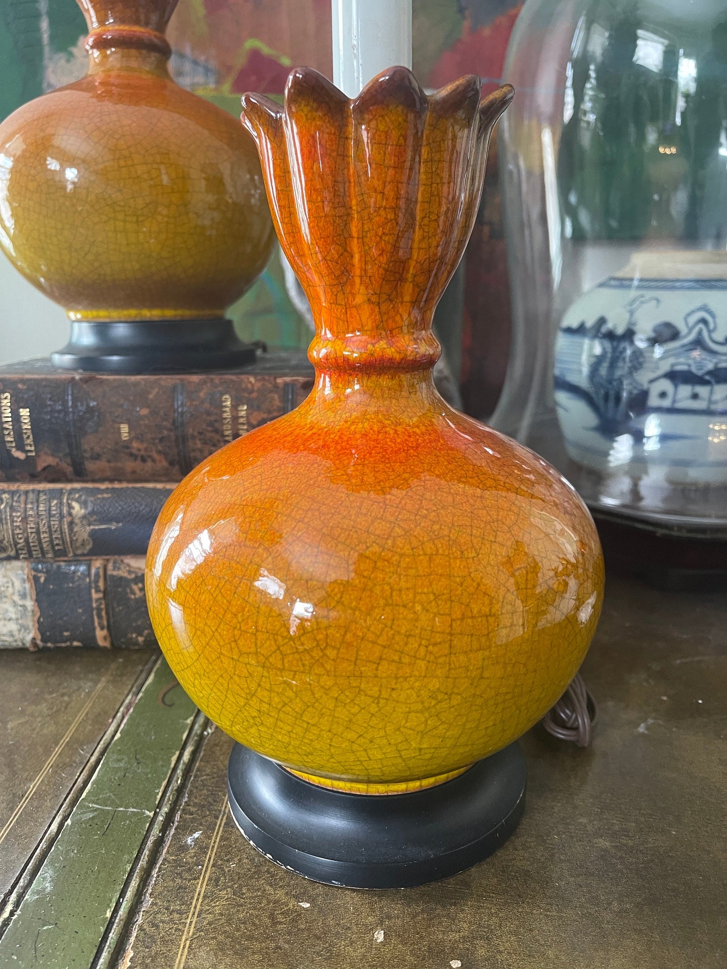 Pair of 1950s Orange Crackle Glaze Lamps MCM