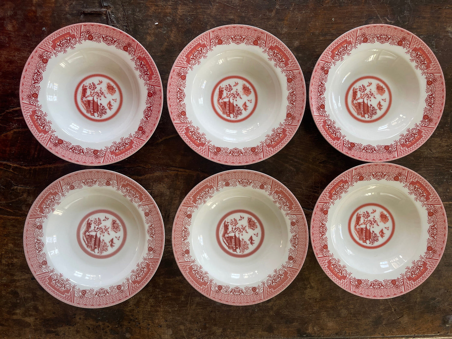 Set of Six (6) Contemporary Pink and White Willow 8.5” Bowls