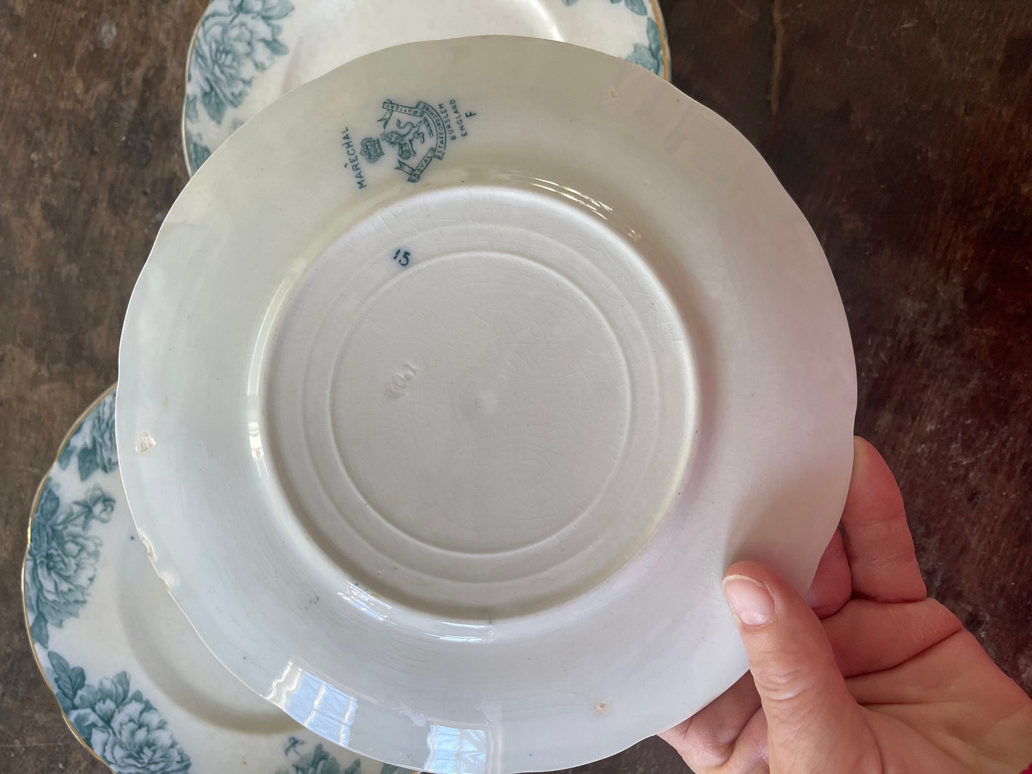 Set of Three (3) Teal and White Antique Marechal Burslem English 8” Plates