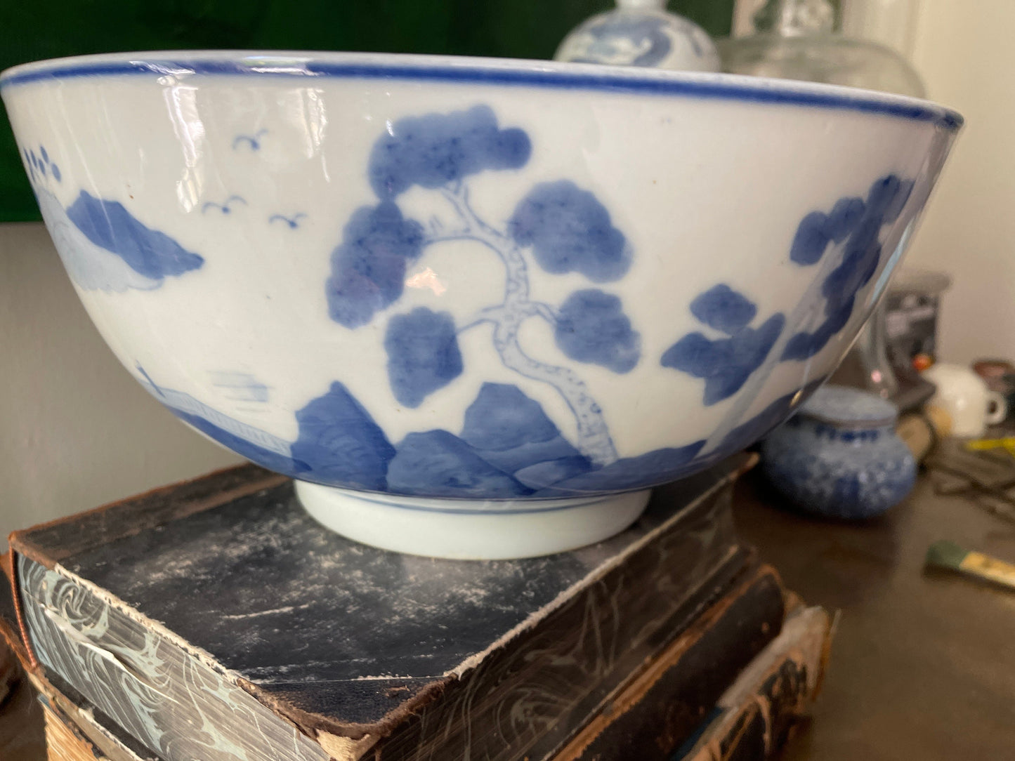 Large Vintage Blue and White Chinoiserie Bowl