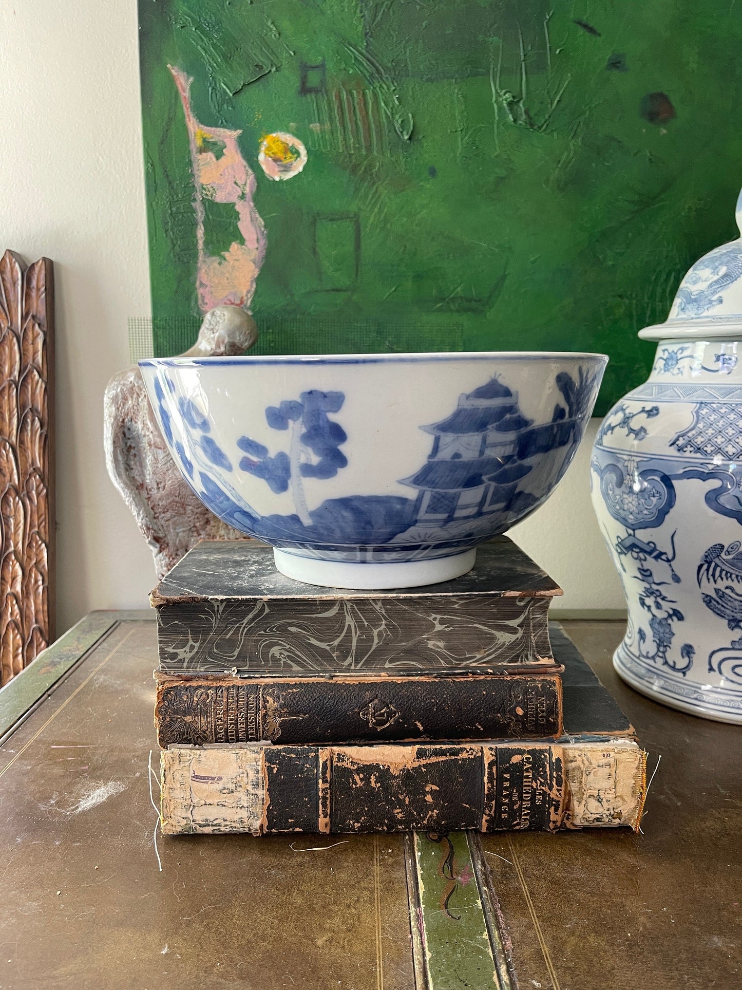 Large Vintage Blue and White Chinoiserie Bowl