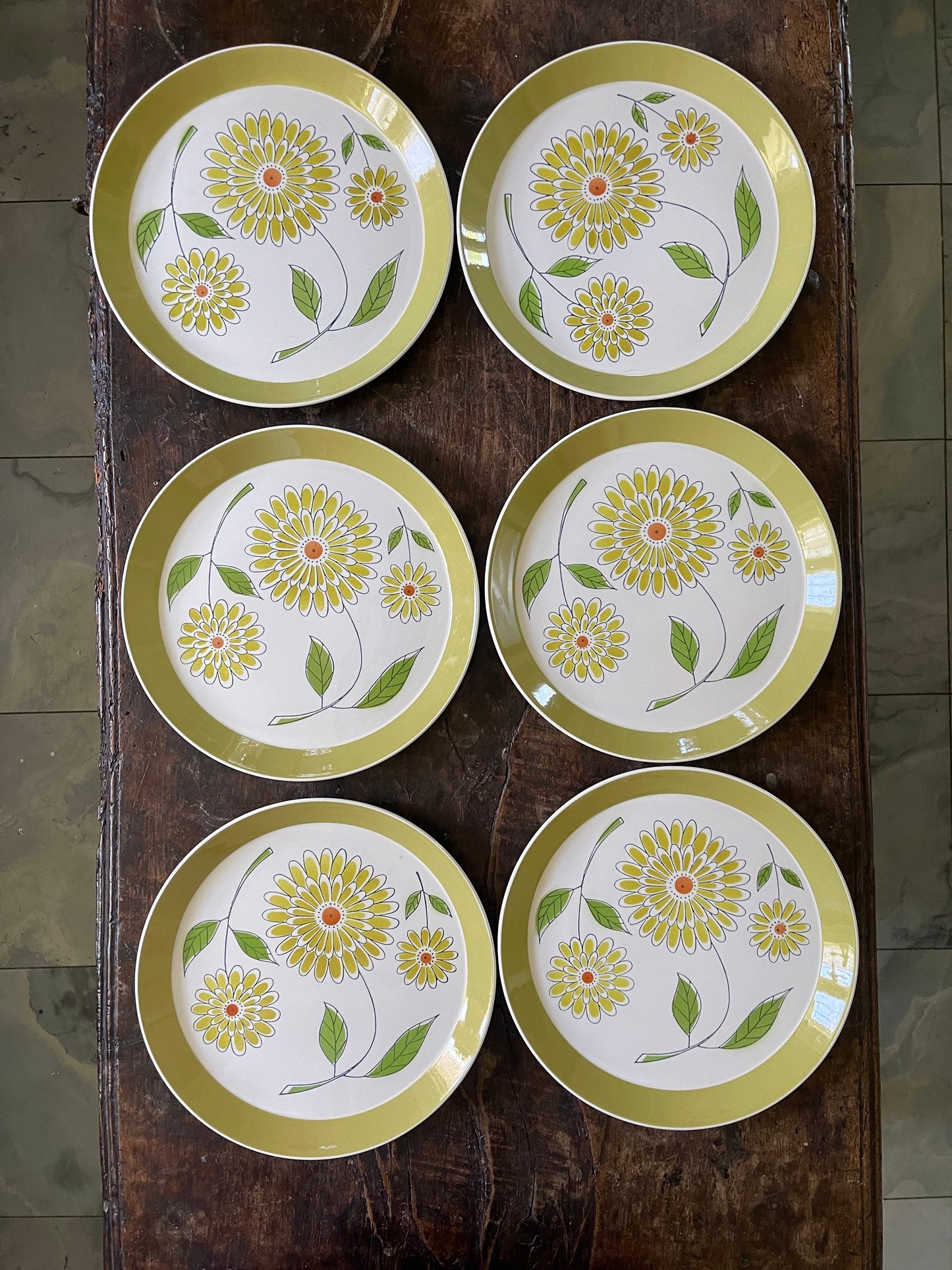 Set of Six (6) Avocado Green 1960s Mikasa Floral 10.75” Plates in Duplex Pattern