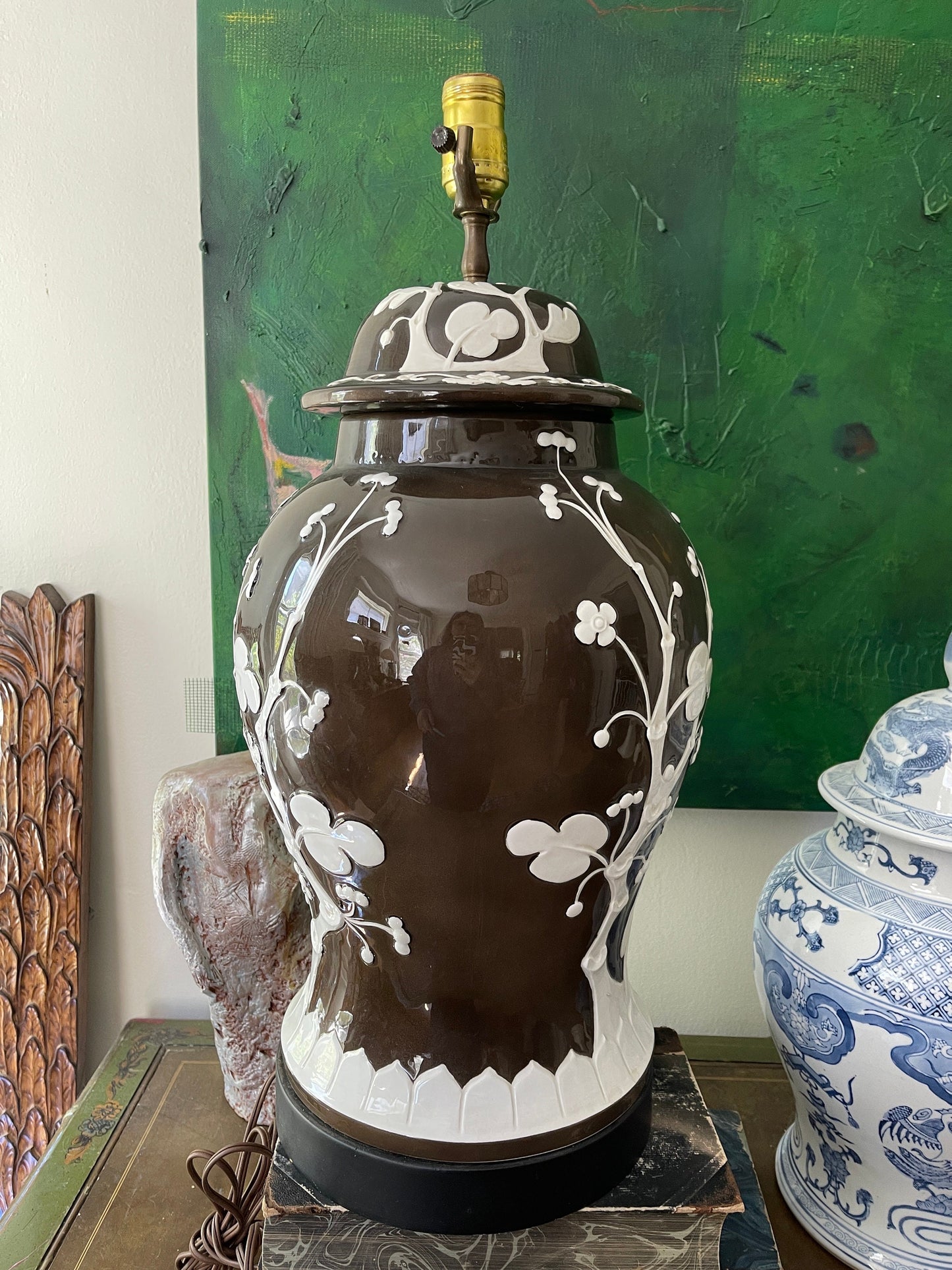 Vintage Brown and White Chinoiserie Cherry Blossom Lamp by Chapman