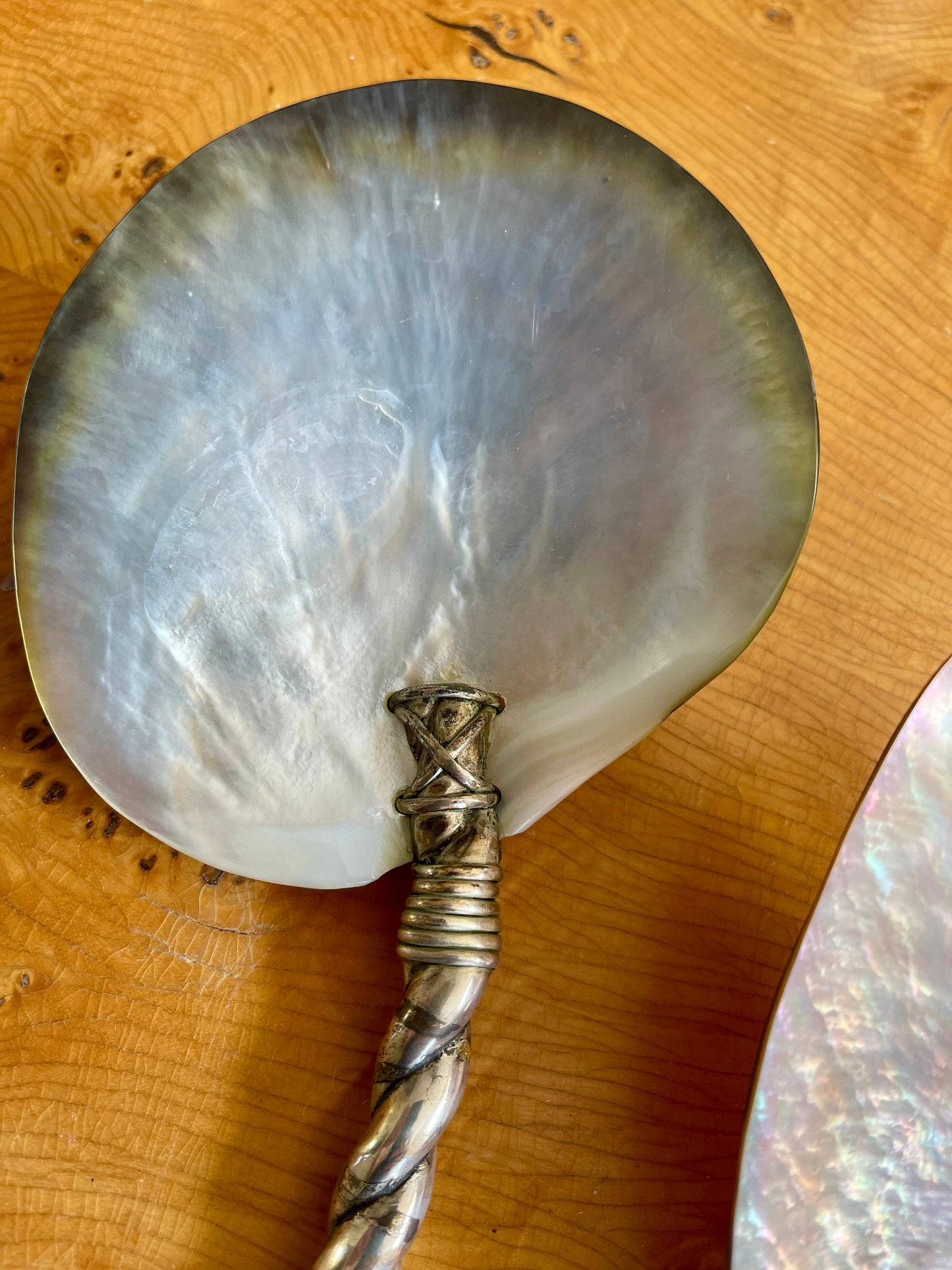 Vintage Pair of Seashell and Silver Salad Tongs