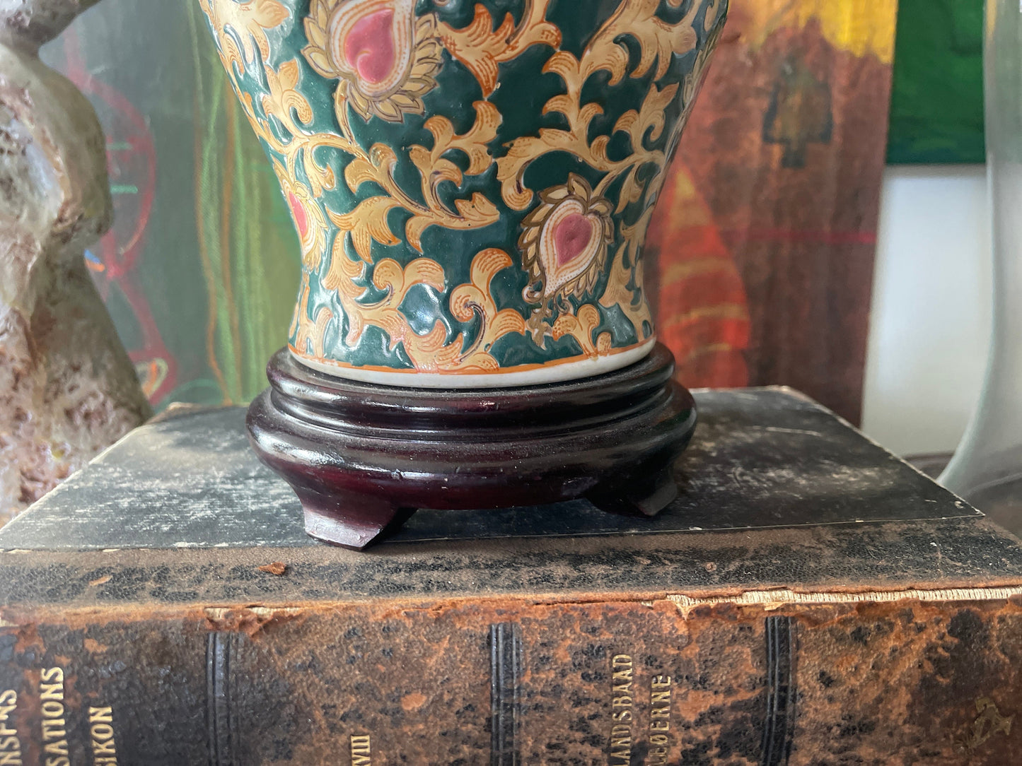 Vintage Small Dark Green Chinoiserie Lamp