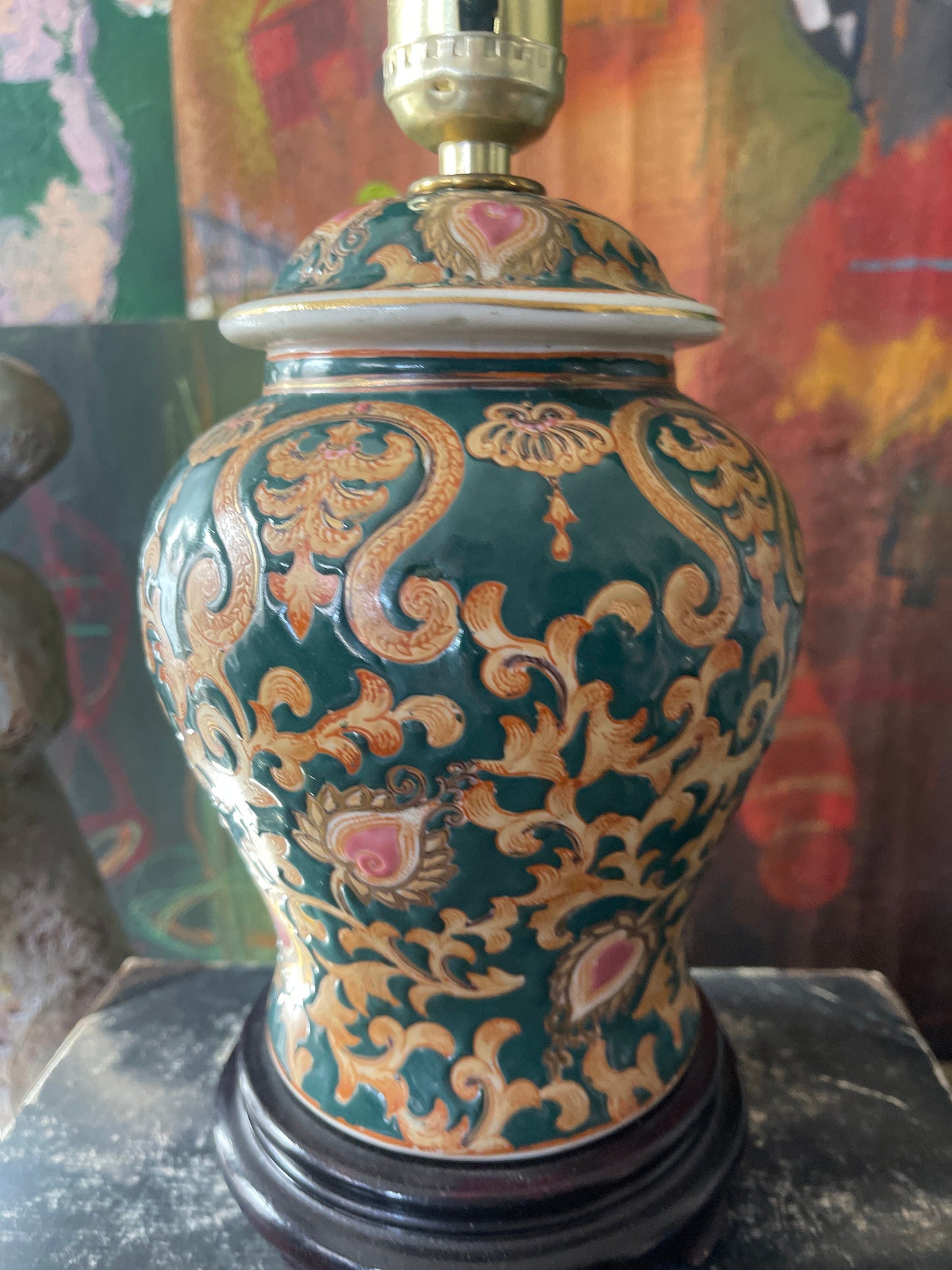 Vintage Small Dark Green Chinoiserie Lamp