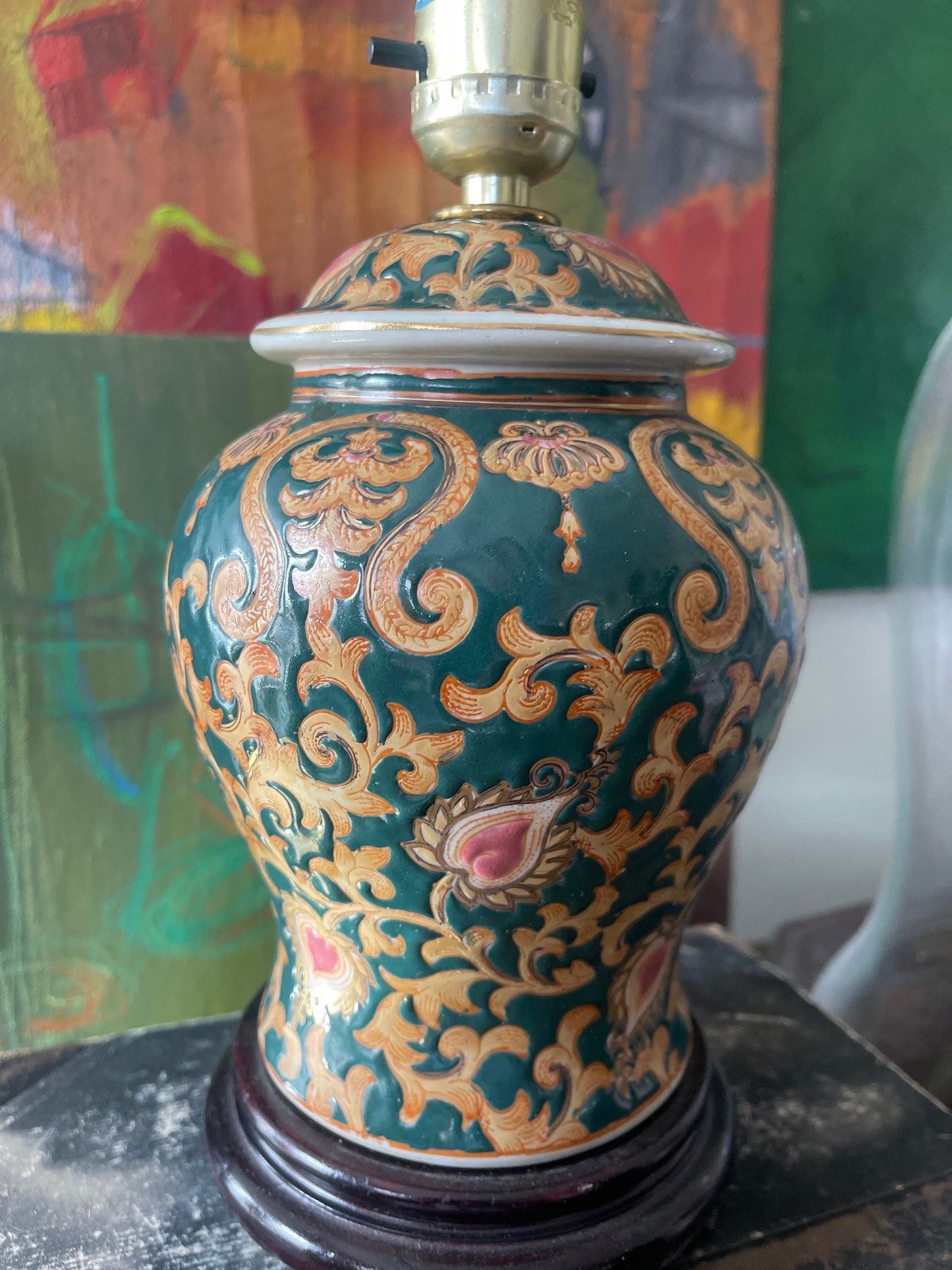 Vintage Small Dark Green Chinoiserie Lamp