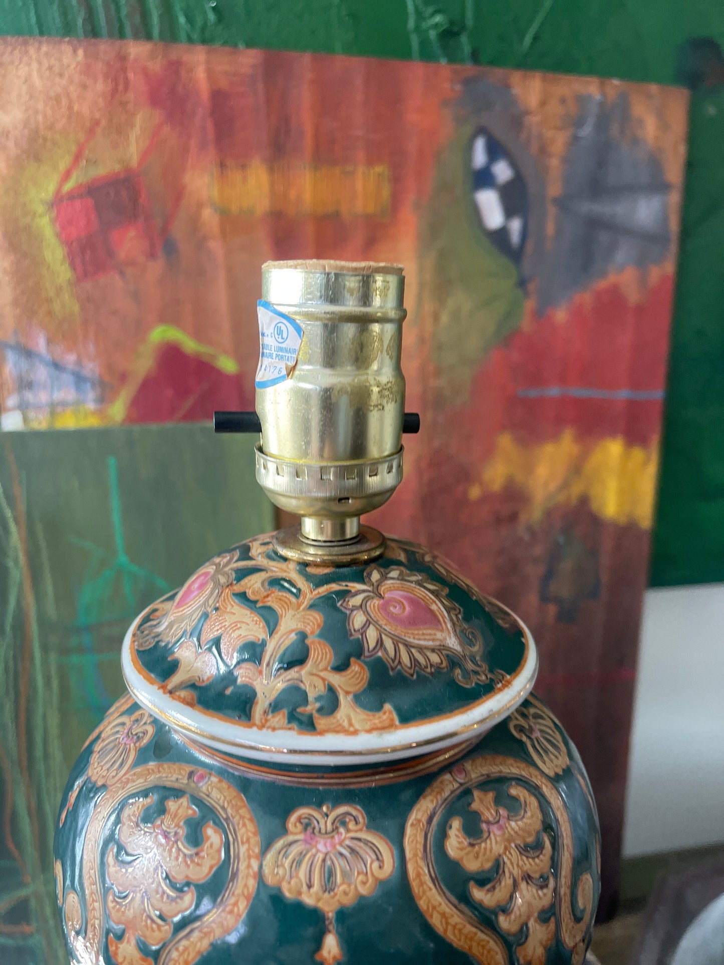 Vintage Small Dark Green Chinoiserie Lamp