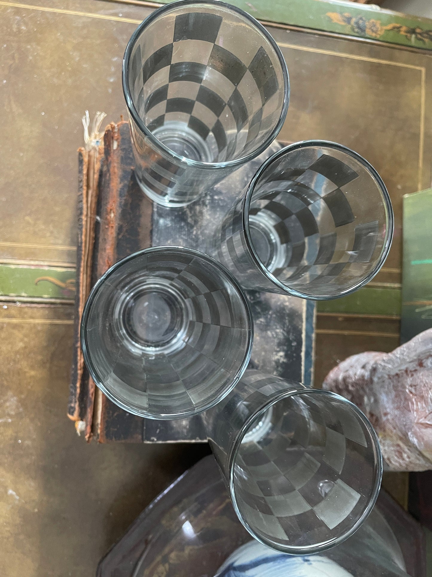 Set of Four (4) Vintage Silver Checkered Barware Drinking Glasses