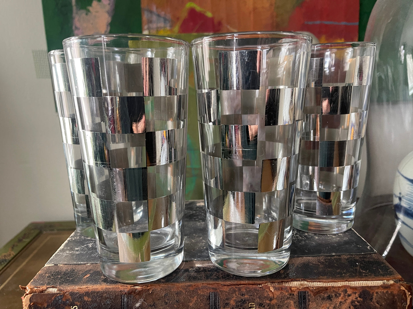 Set of Four (4) Vintage Silver Checkered Barware Drinking Glasses