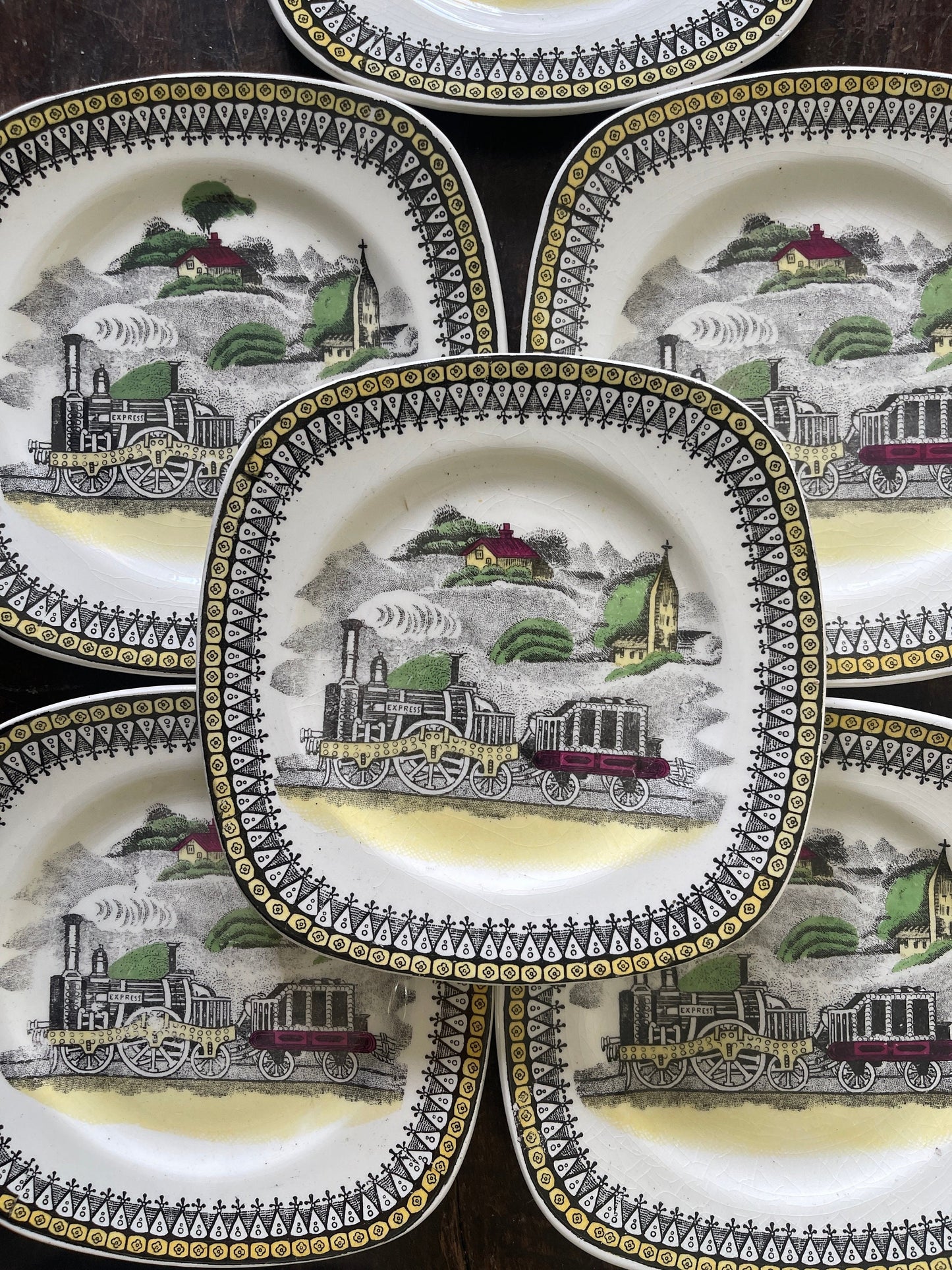 Set of Eight (8) Vintage Portland Potteries Cobridge Square Railway 6.25” Plates