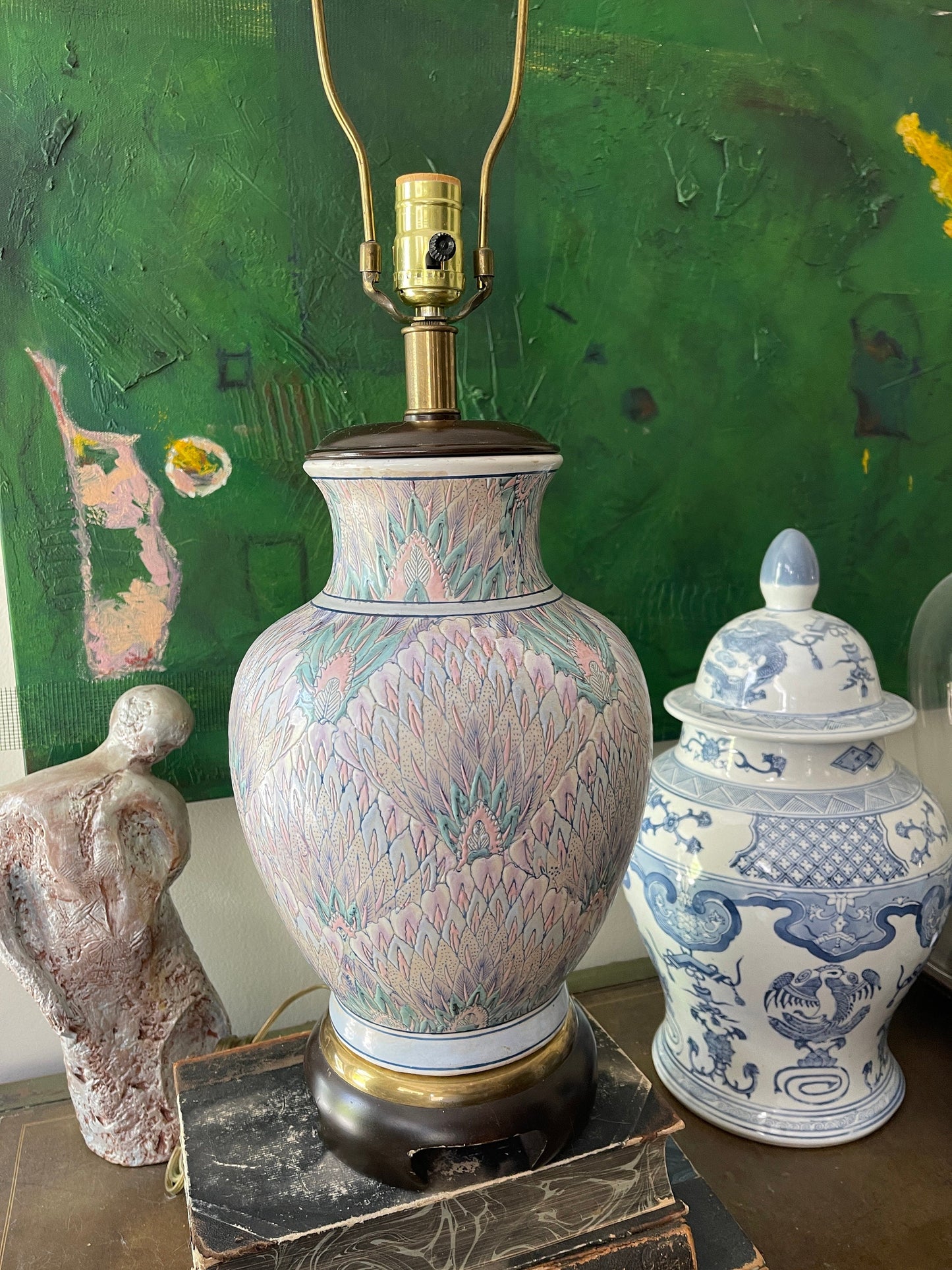 Vintage Frederick Cooper 1980s Pastel Peacock Chinoiserie Lamp