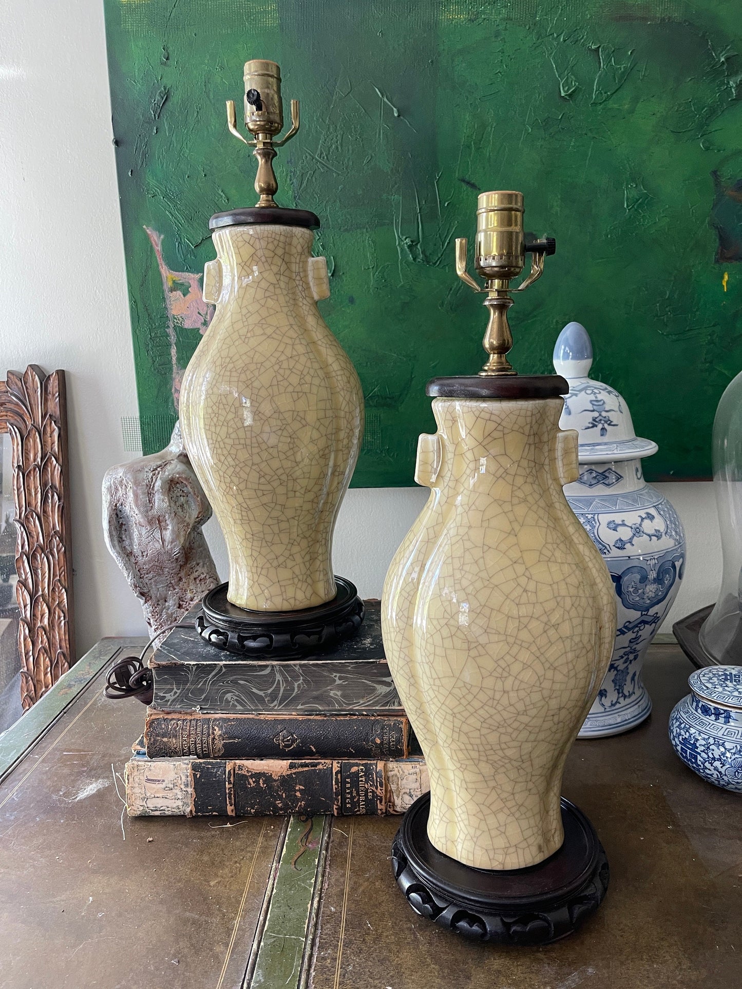 Pair of Vintage Pale Yellow Crackle Glaze Chinese Pottery Lamps