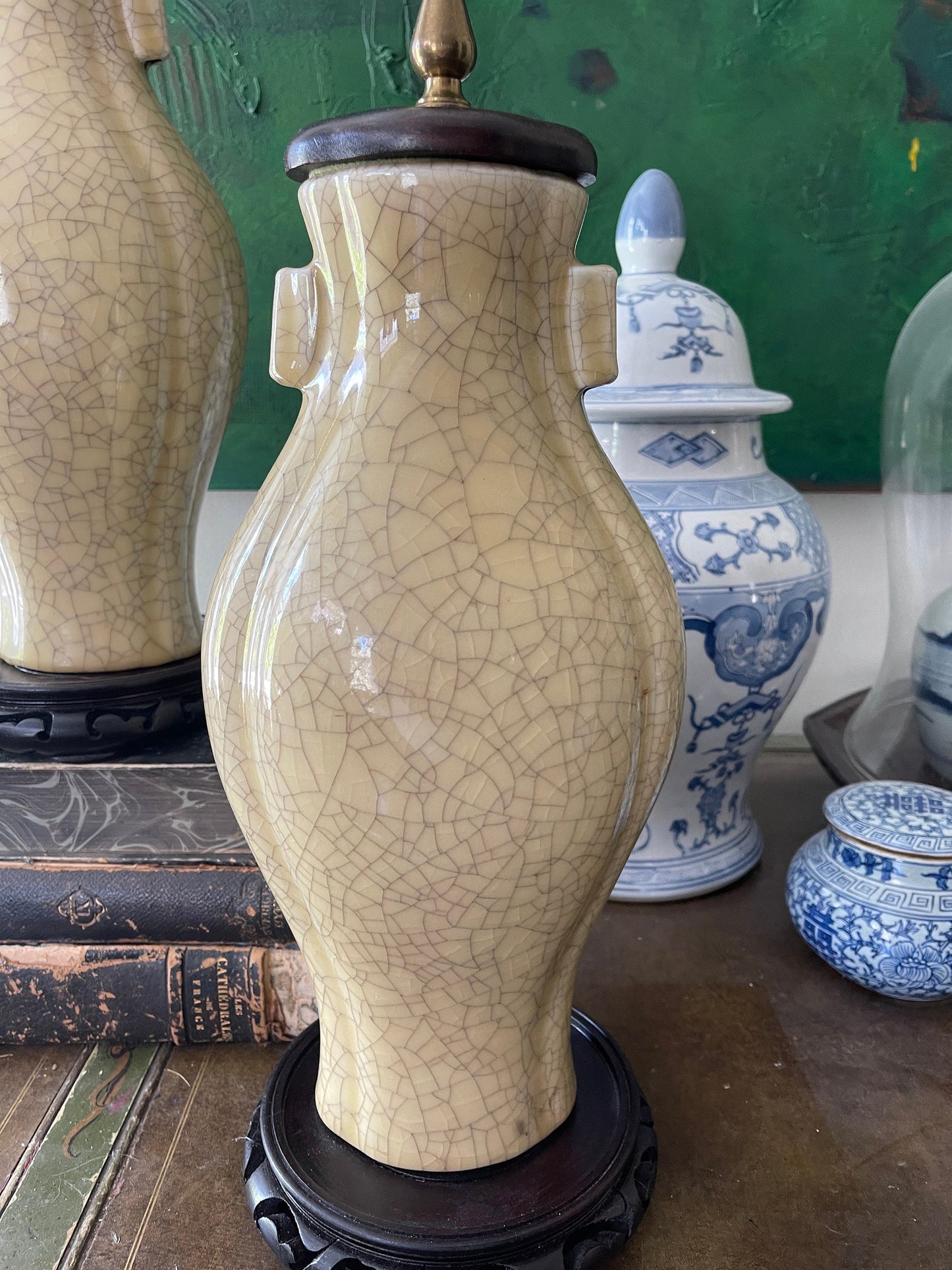 Pair of Vintage Pale Yellow Crackle Glaze Chinese Pottery Lamps