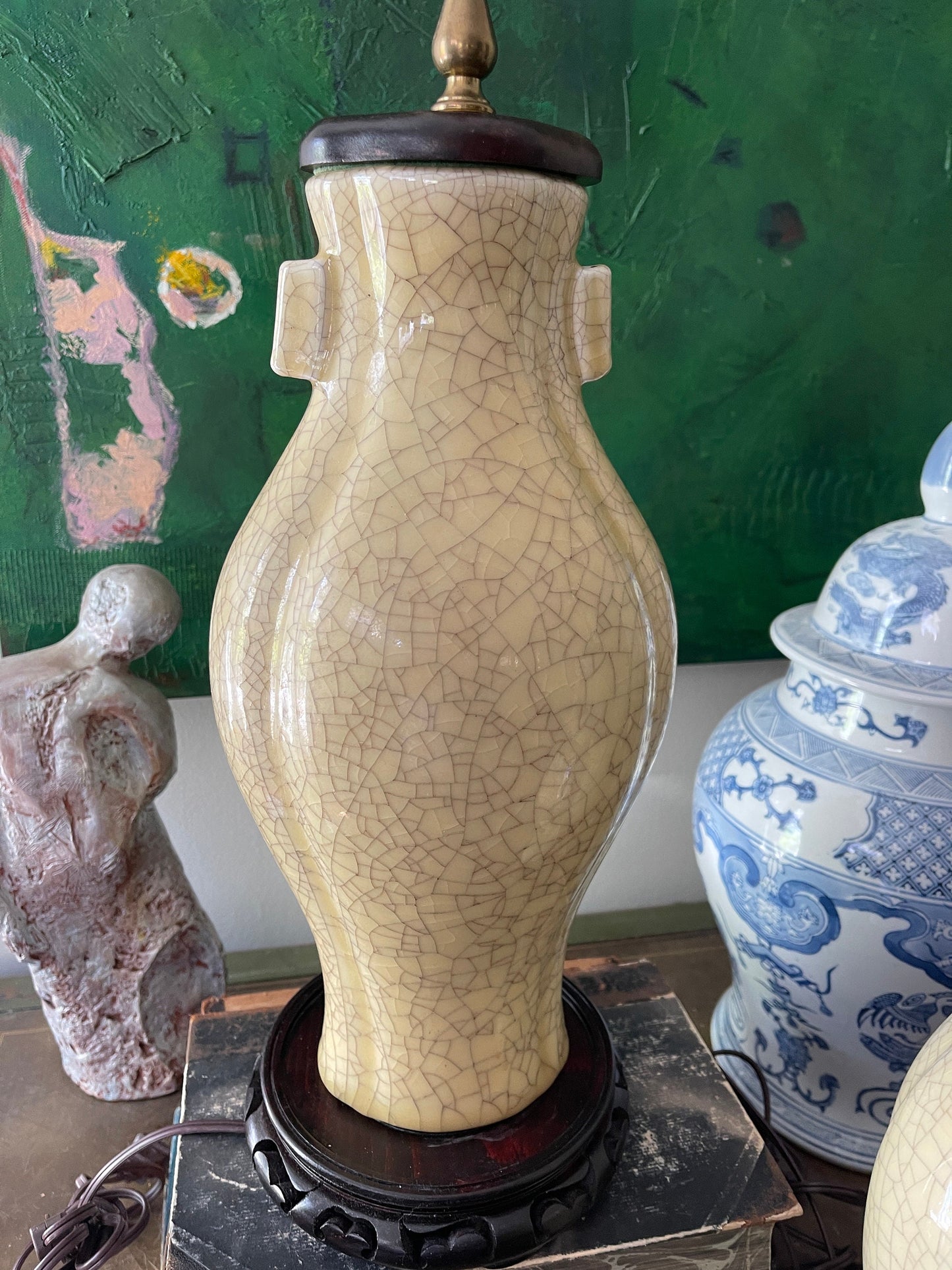 Pair of Vintage Pale Yellow Crackle Glaze Chinese Pottery Lamps