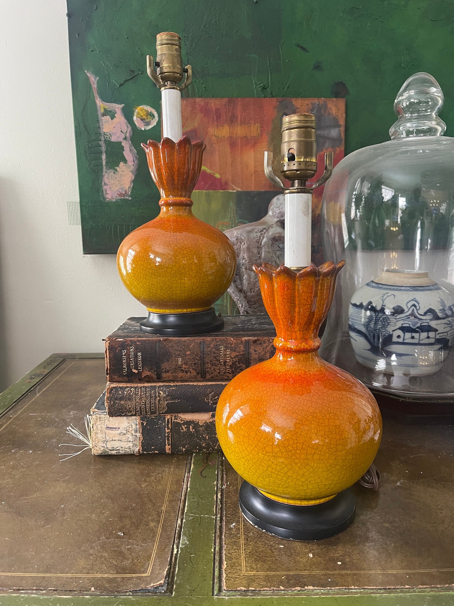 Pair of 1950s Orange Crackle Glaze Lamps MCM