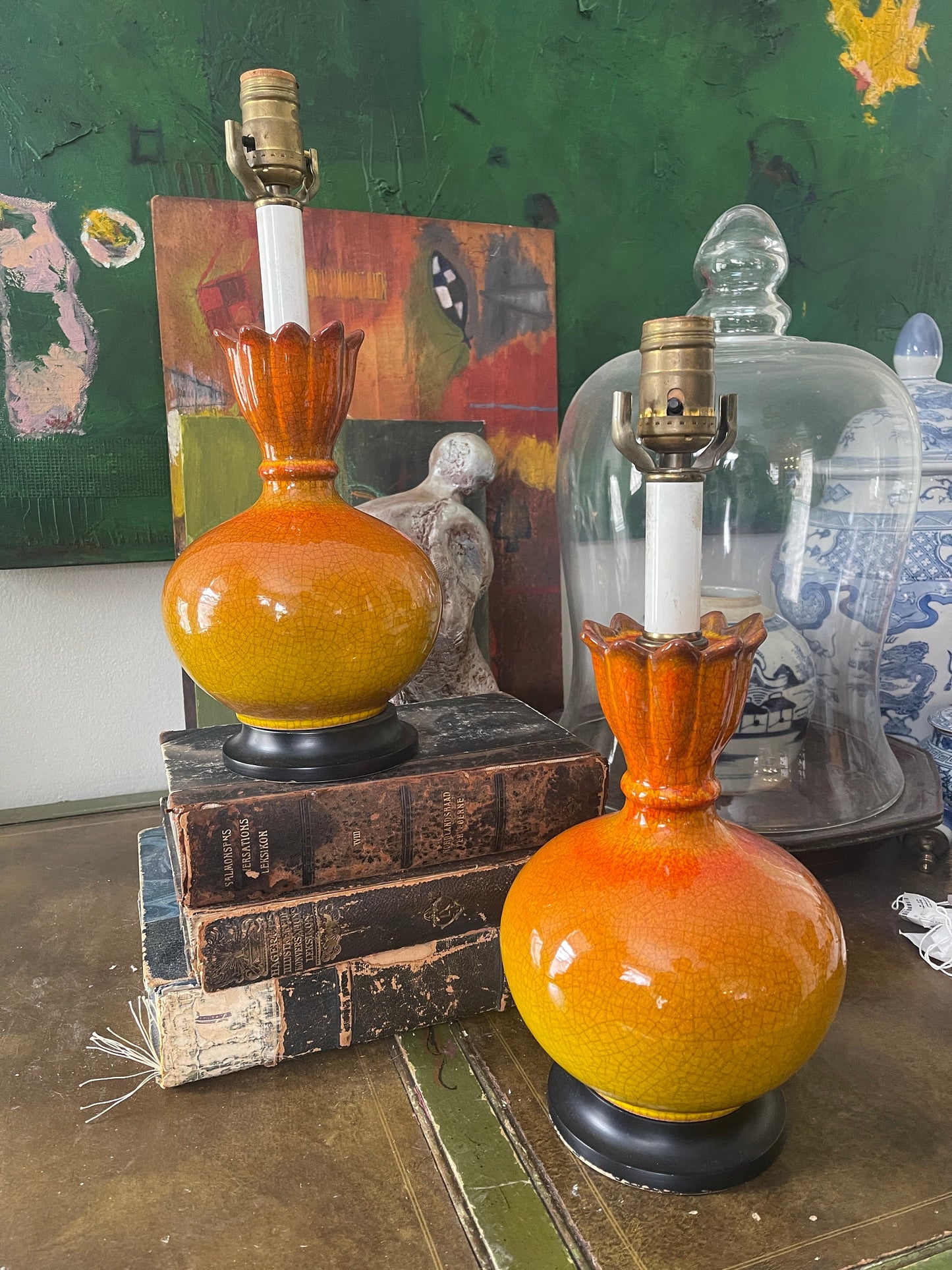 Pair of 1950s Orange Crackle Glaze Lamps MCM