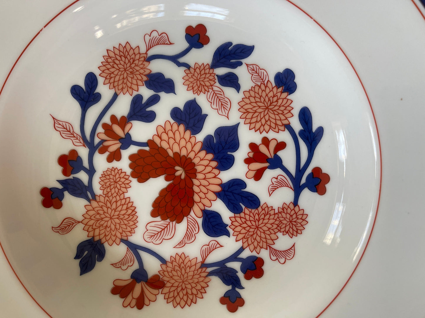 1975 Fitz and Floyd 9.25” Blue and Res Chrysanthemum Bowl