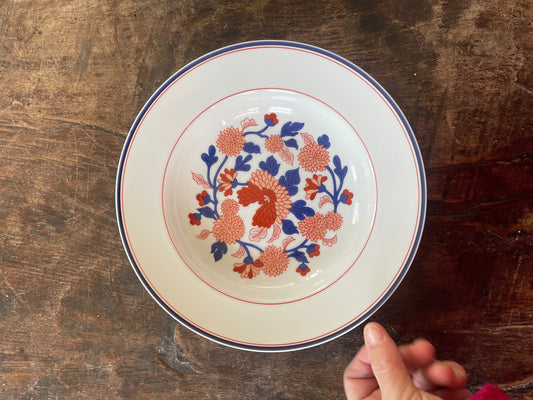 1975 Fitz and Floyd 9.25” Blue and Res Chrysanthemum Bowl