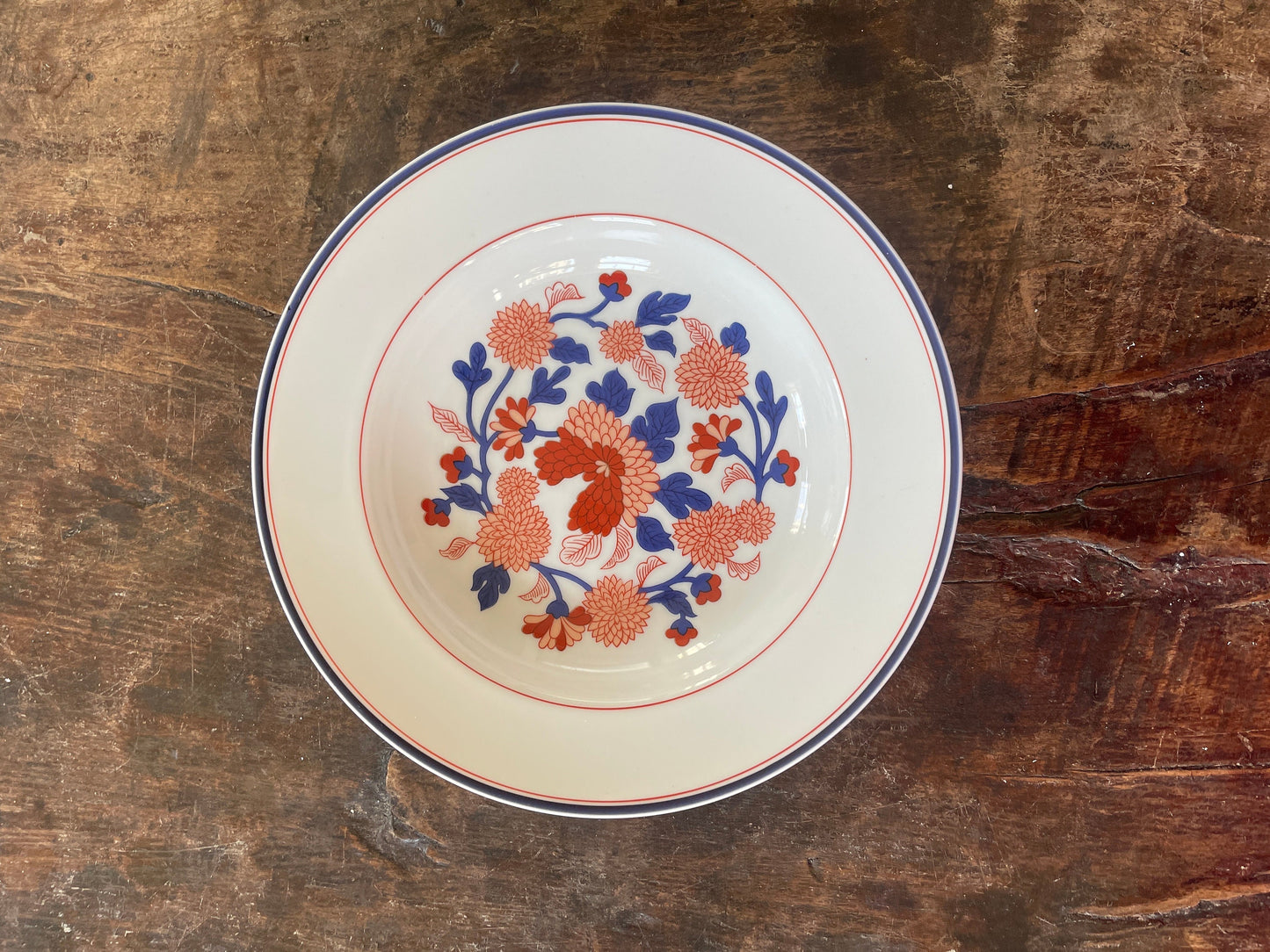 1975 Fitz and Floyd 9.25” Blue and Res Chrysanthemum Bowl