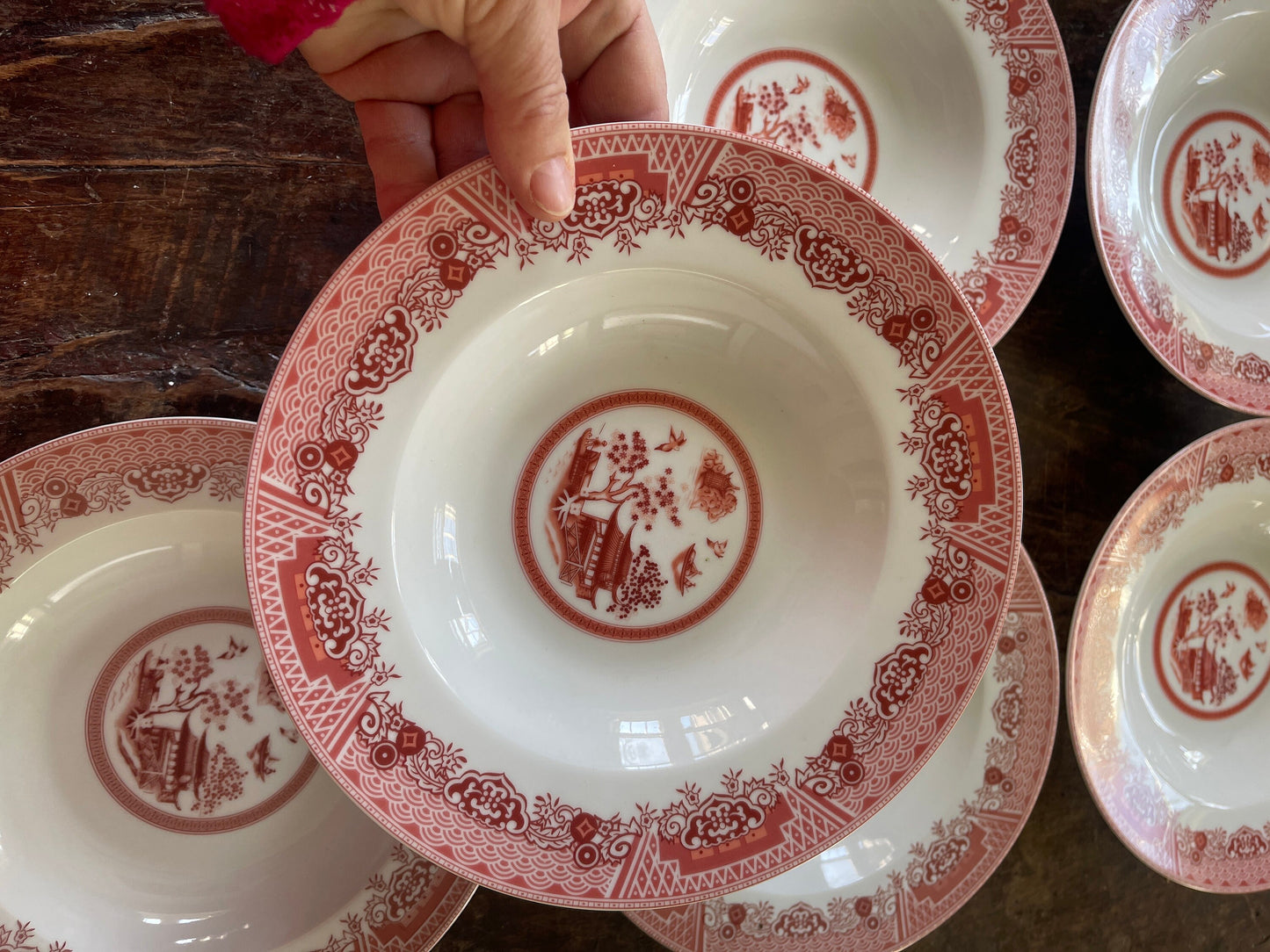 Set of Six (6) Contemporary Pink and White Willow 8.5” Bowls