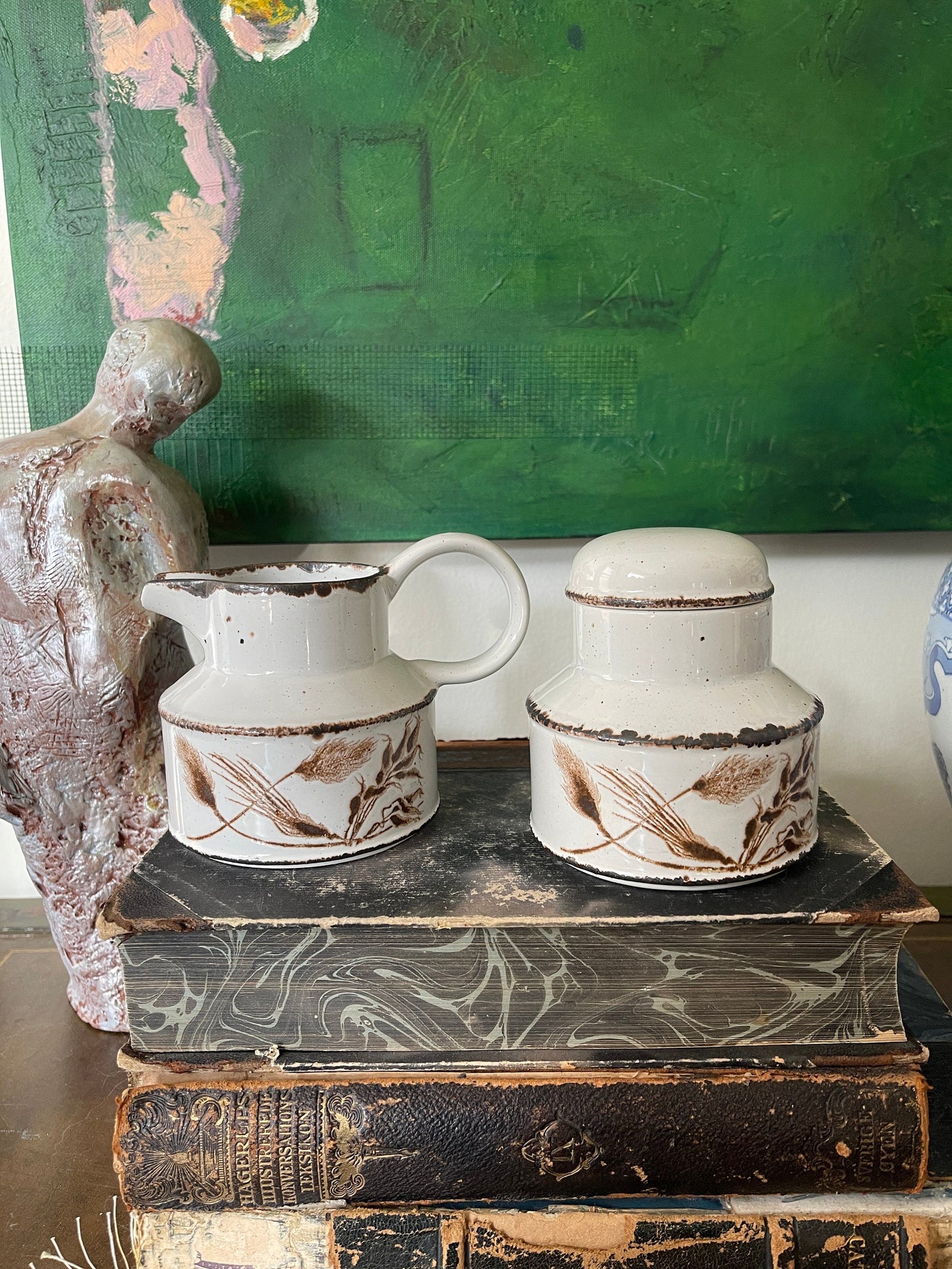 Vintage Stoneware English Wedgwood Wild Oats Stonehenge Pattern Creamer and Sugar Bowl