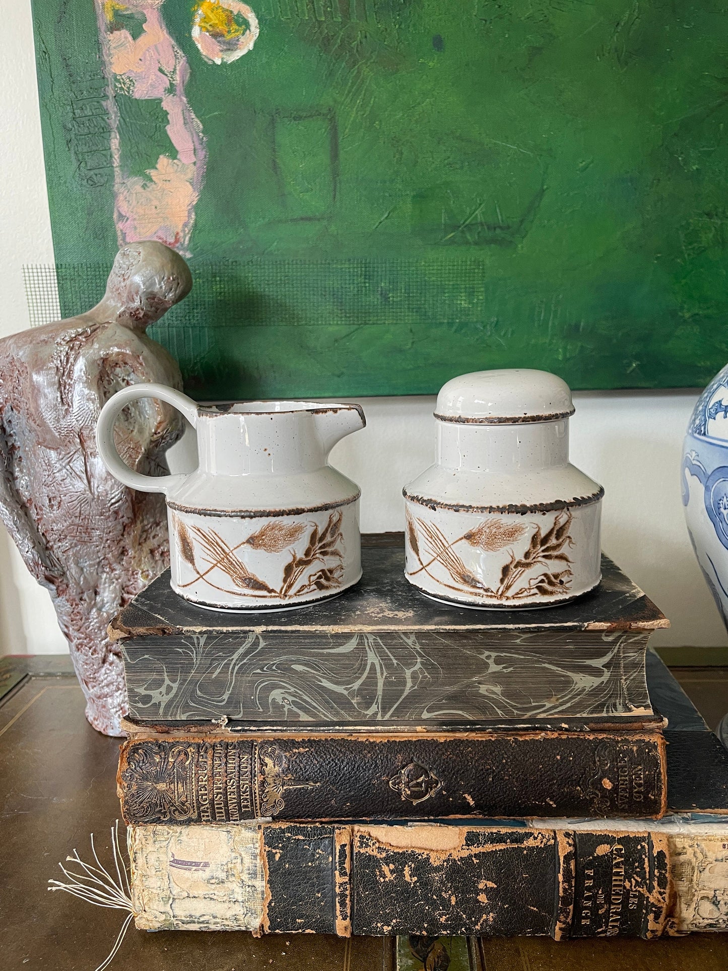 Vintage Stoneware English Wedgwood Wild Oats Stonehenge Pattern Creamer and Sugar Bowl