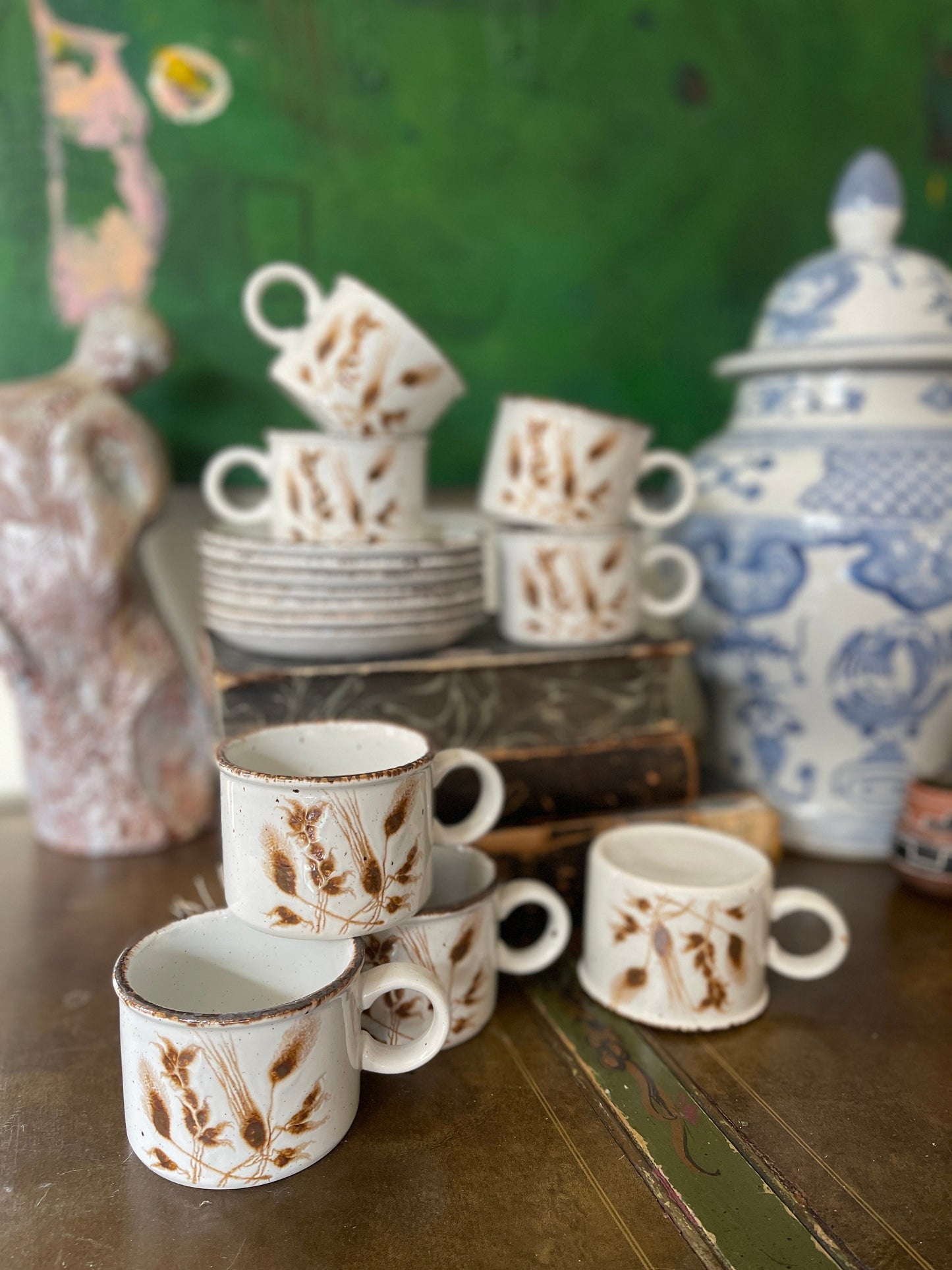 Set of Mugs and Saucers in English Wild Oats Stonehenge Midwinter Stoneware Pattern