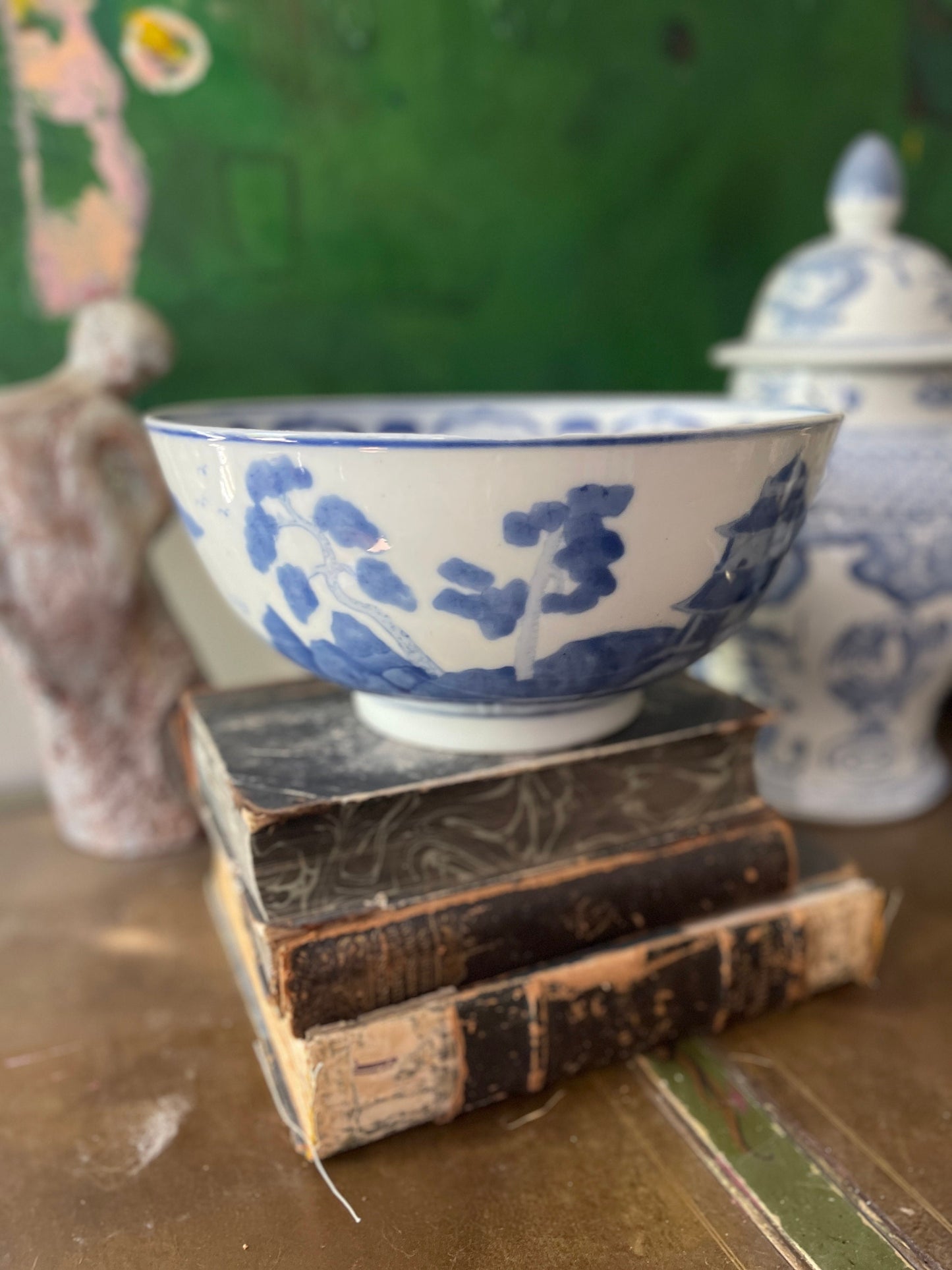 Large Vintage Blue and White Chinoiserie Bowl