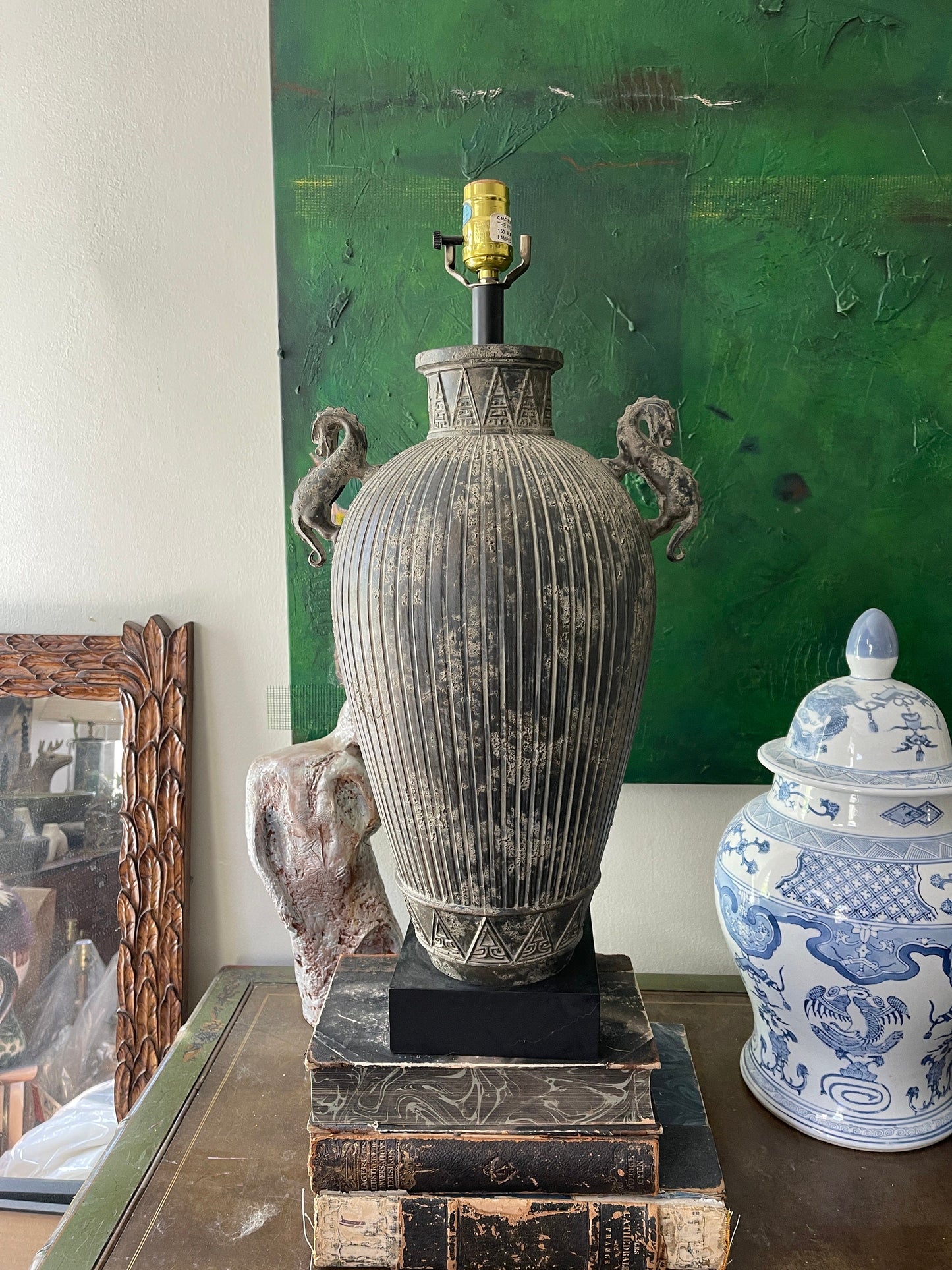 Vintage Dragon Amphora Shaped Asian Lamp