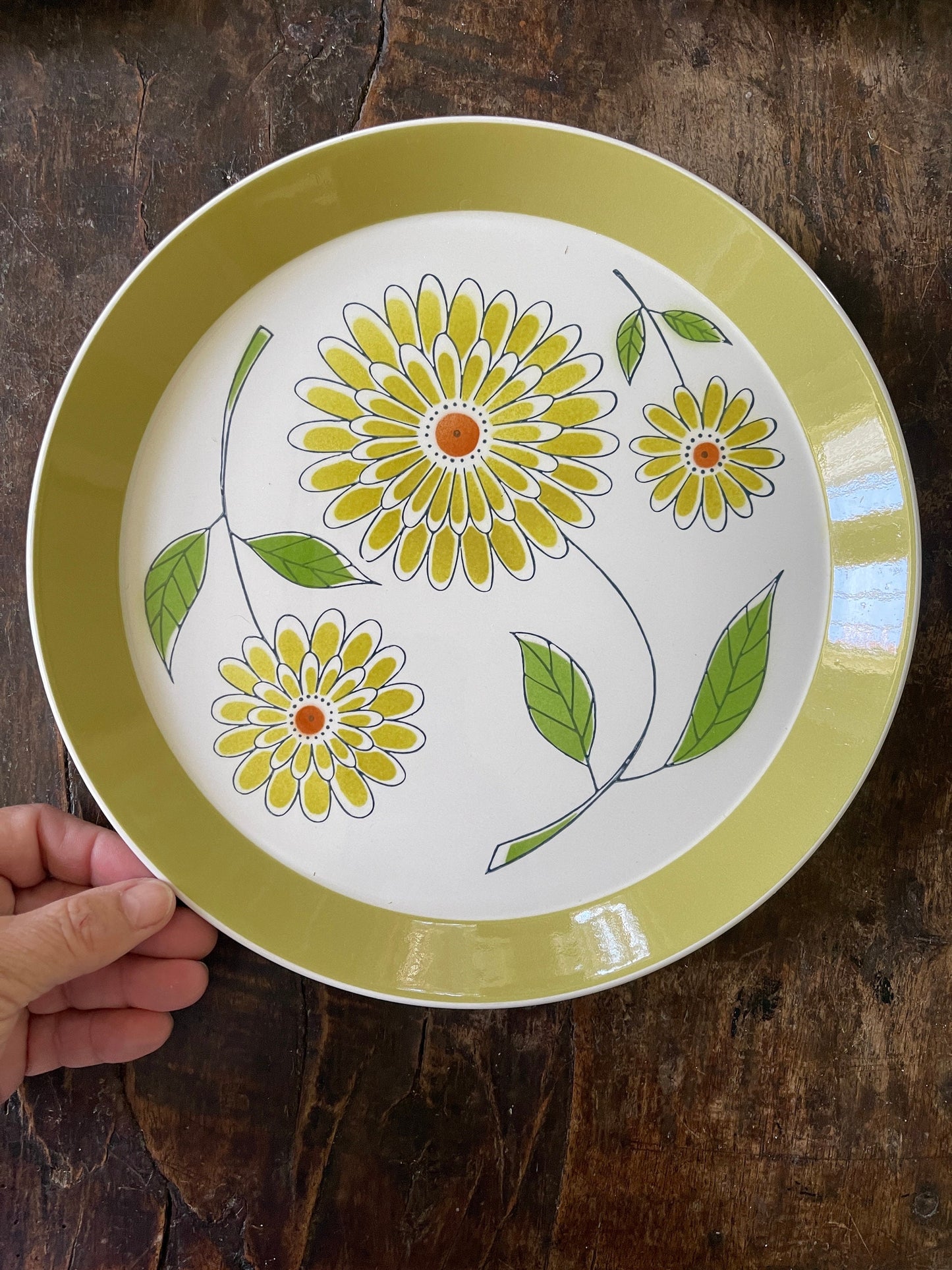 Set of Six (6) Avocado Green 1960s Mikasa Floral 10.75” Plates in Duplex Pattern