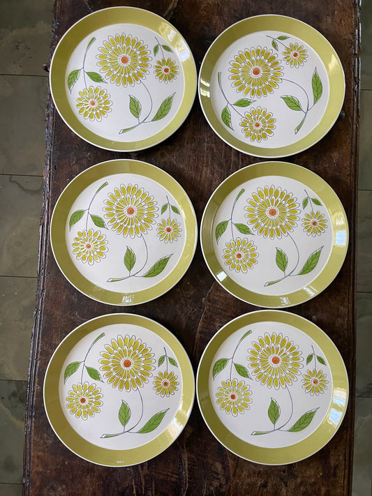 Set of Six (6) Avocado Green 1960s Mikasa Floral 10.75” Plates in Duplex Pattern