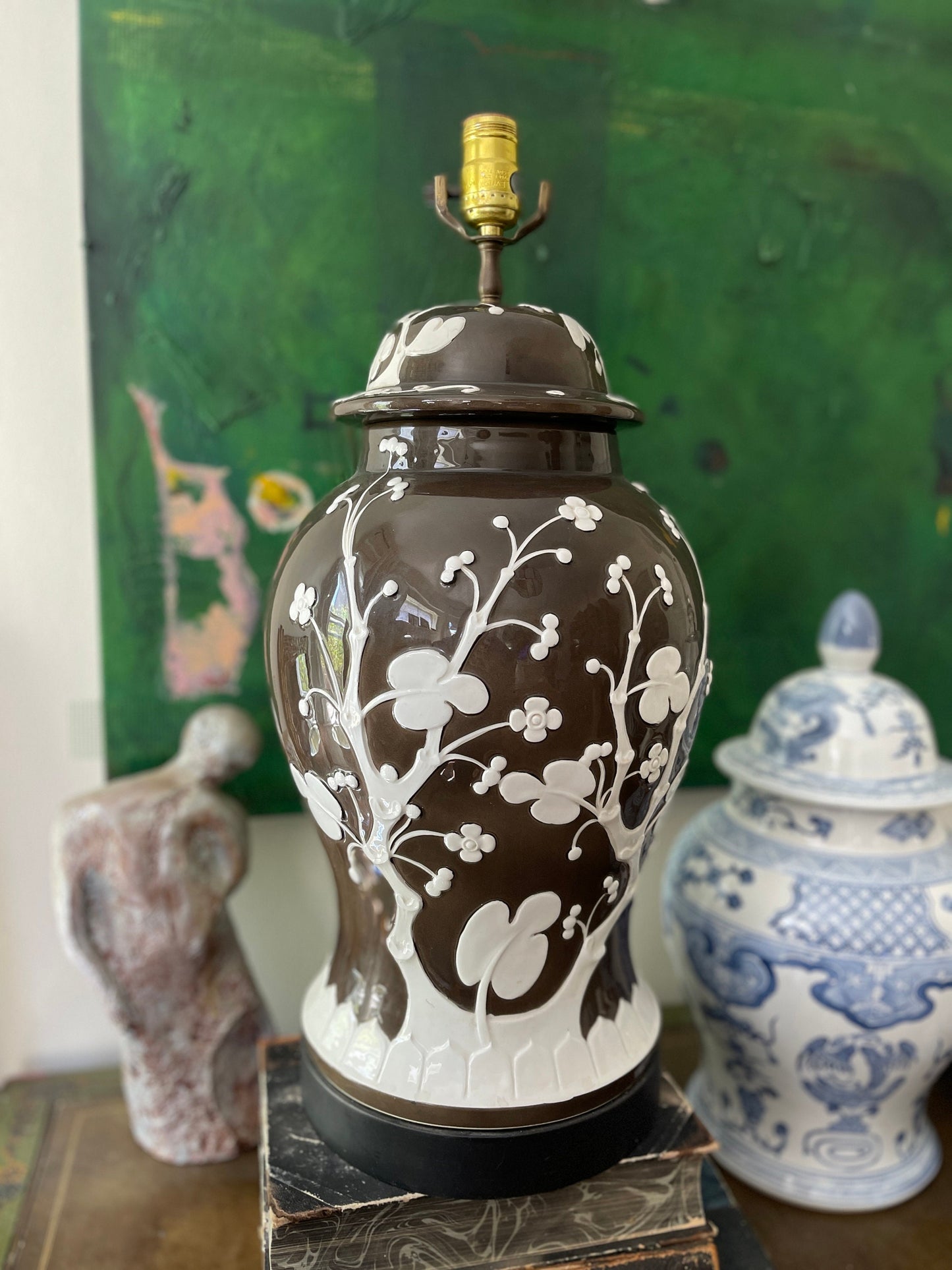 Vintage Brown and White Chinoiserie Cherry Blossom Lamp by Chapman