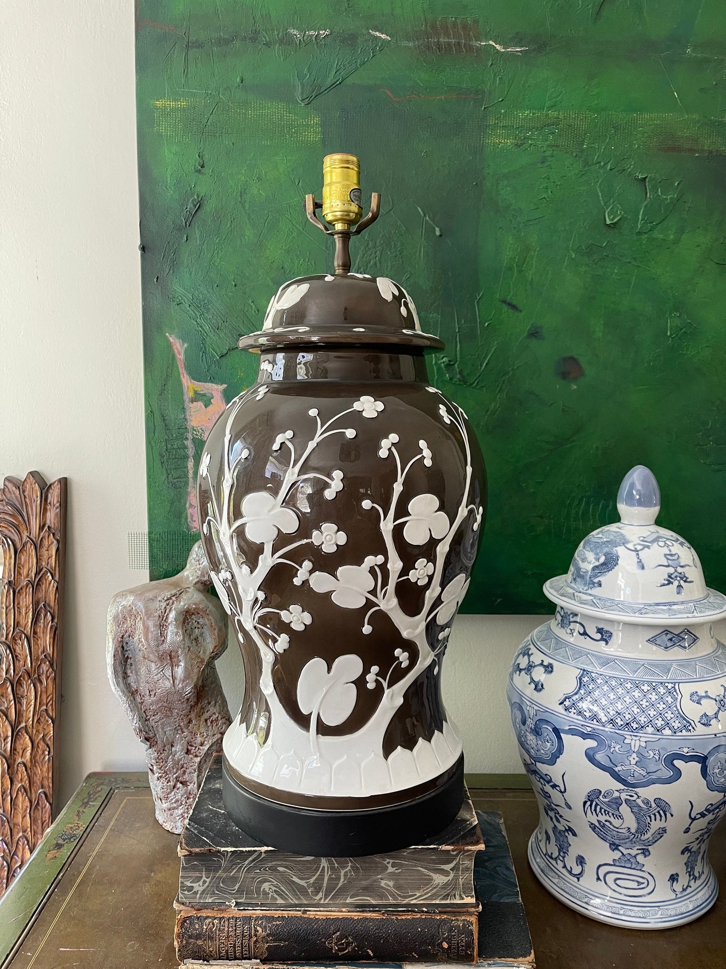 Vintage Brown and White Chinoiserie Cherry Blossom Lamp by Chapman