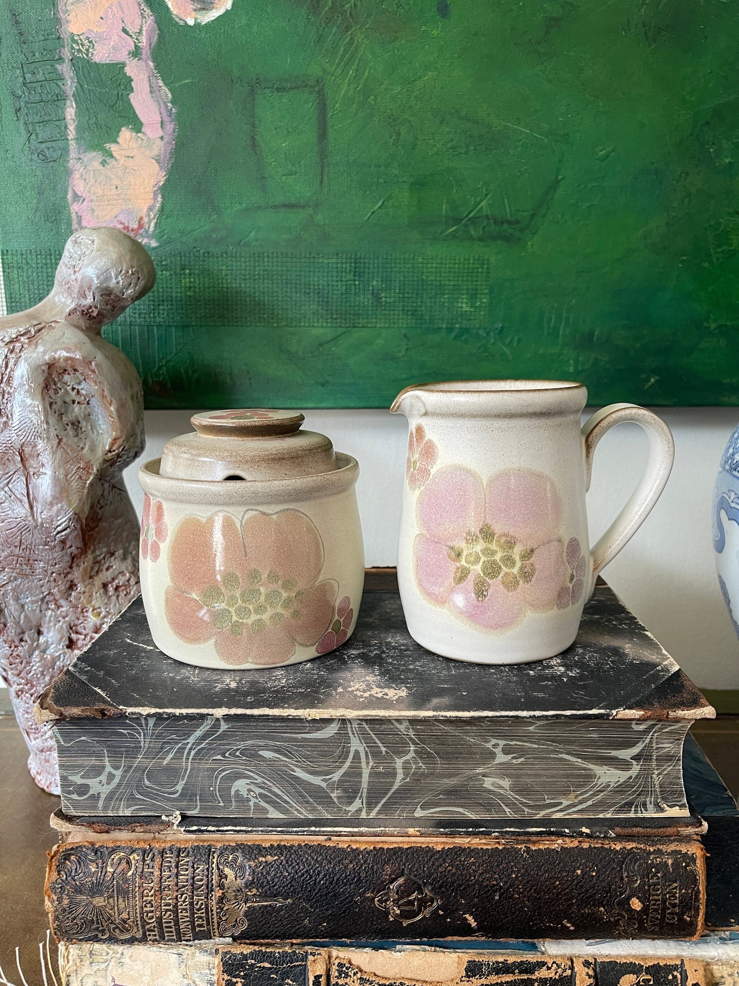 Set of English Lavender Stoneware Creamer and Lidded Sugar Bowl by Denby