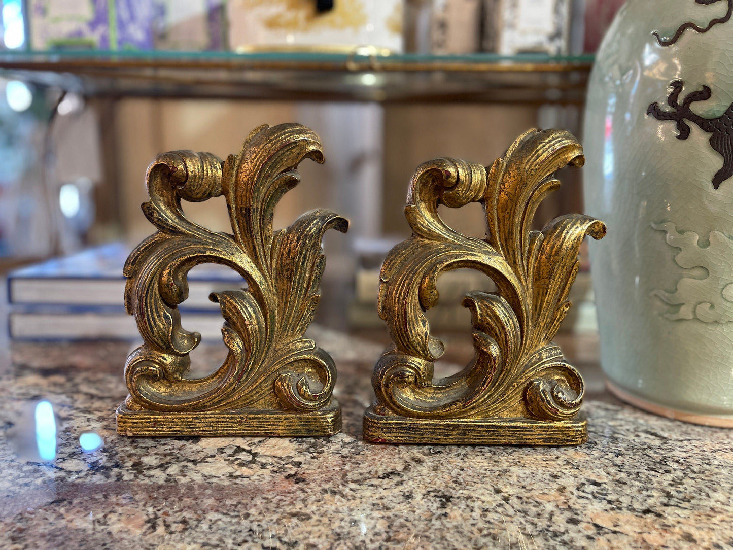 Pair of Vintage Gold Scrolling Hollywood Regency Bookends by Syroco