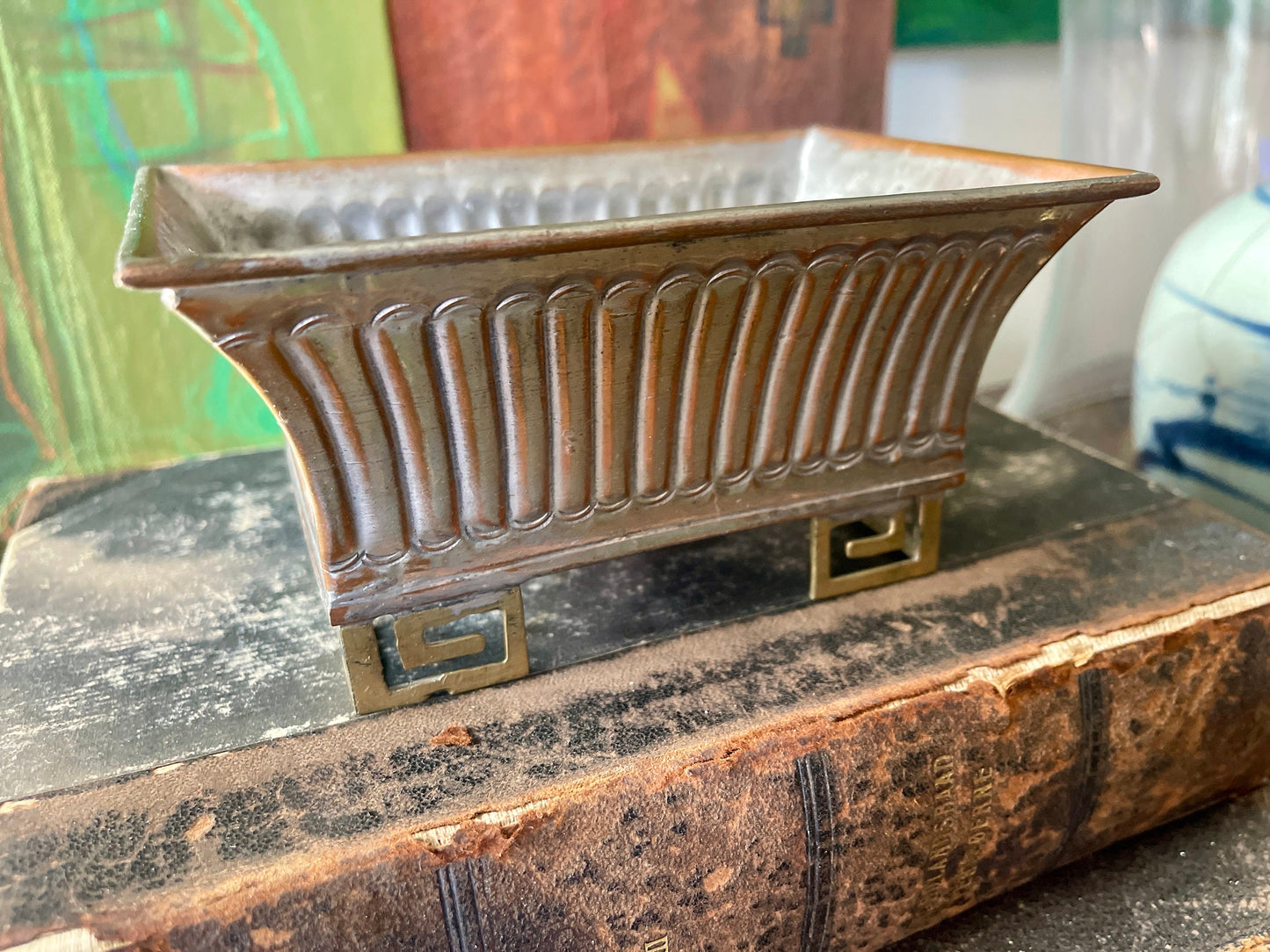 Vintage Metal Greek Key Ming Style Planter