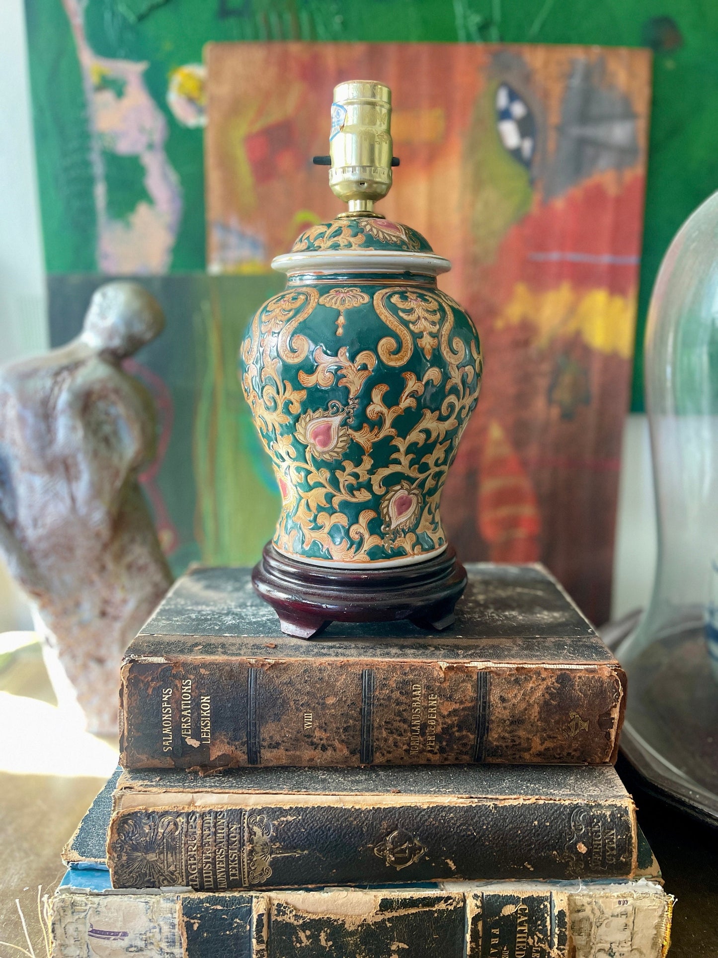 Vintage Small Dark Green Chinoiserie Lamp