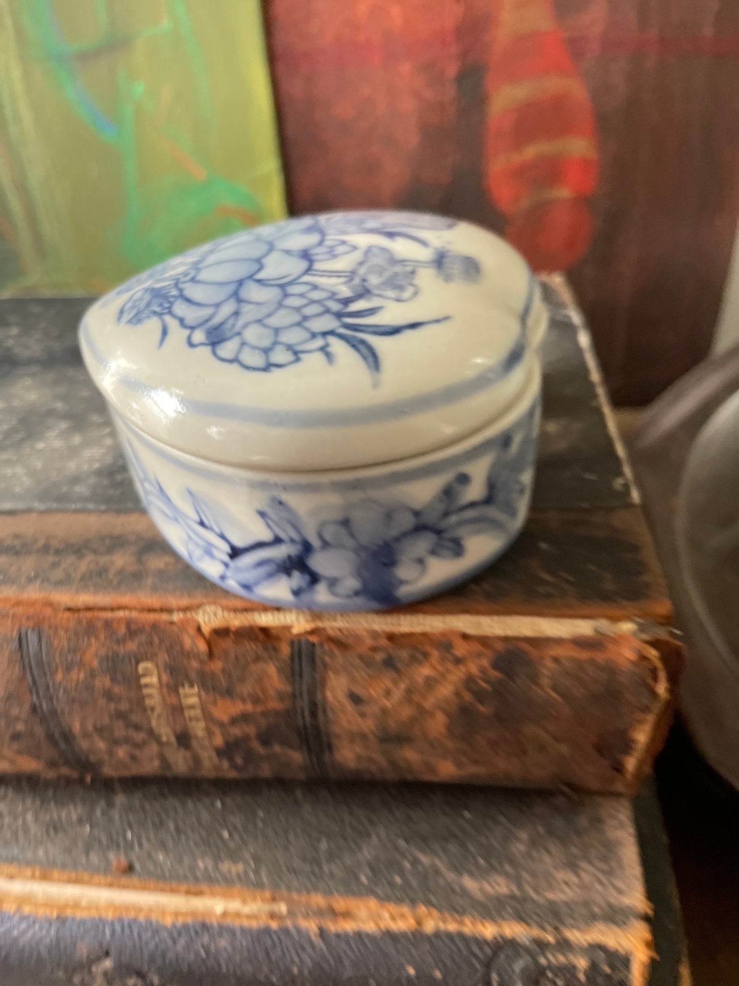 Vintage Blue and White Heart Shaped Asian Trinket Box