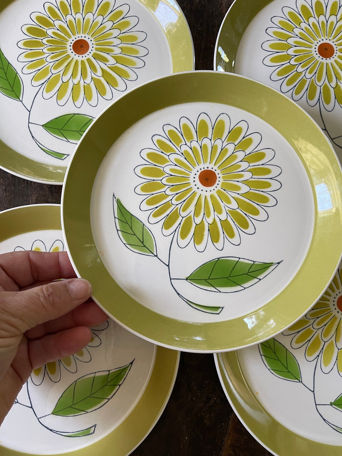 Set of Five (5) Avocado Green 1960s Mikasa Floral 7 5/8” Plates in Duplex Pattern