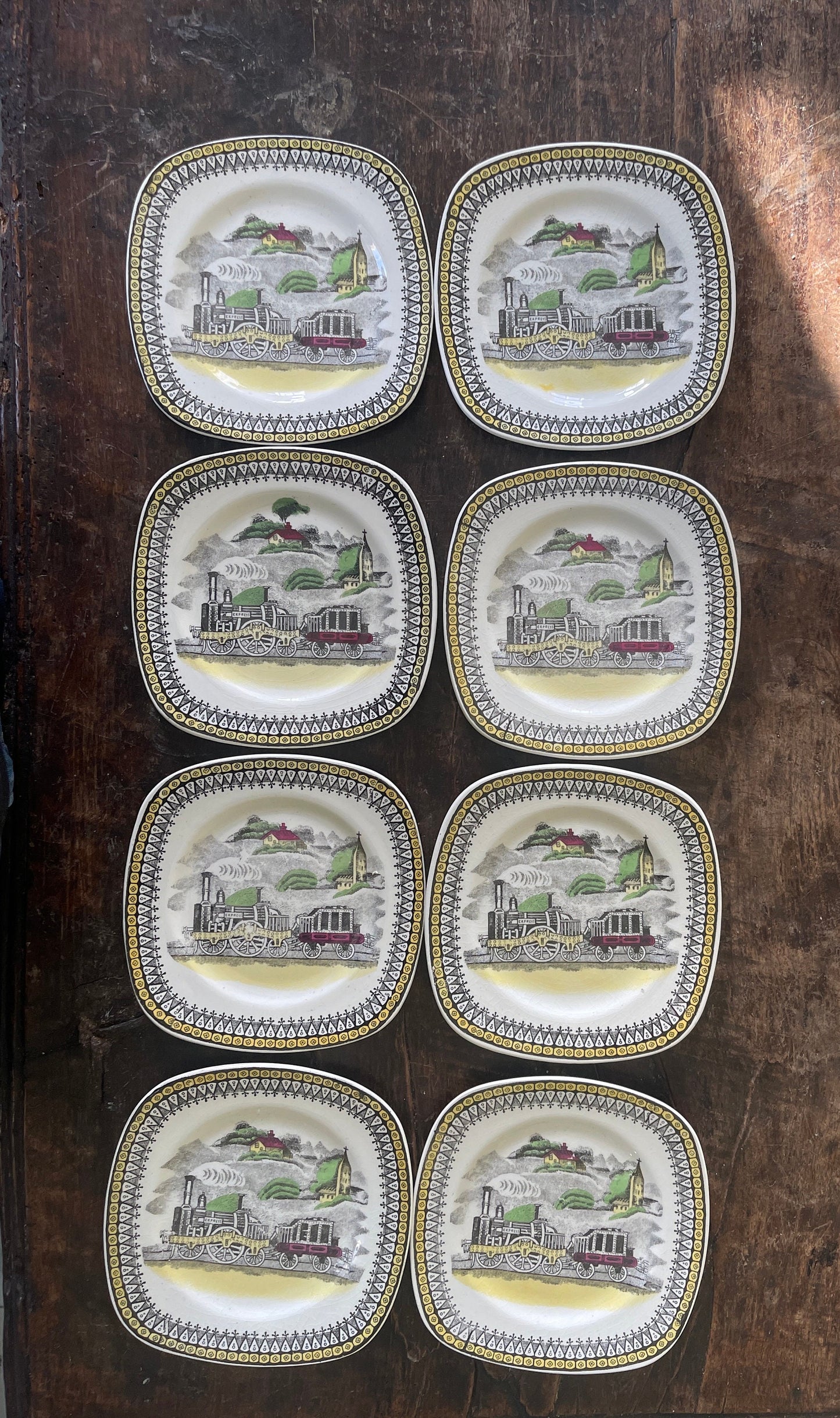 Set of Eight (8) Vintage Portland Potteries Cobridge Square Railway 6.25” Plates