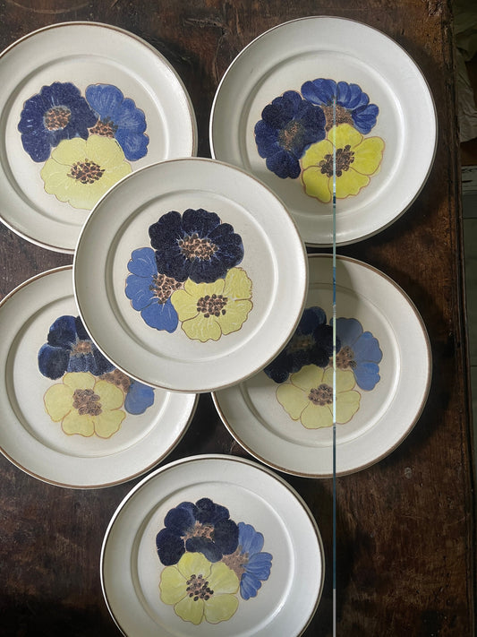 Set of Six (6) Vintage Denby Stoneware 9.75” Potpourri Blue Floral Hue Plates