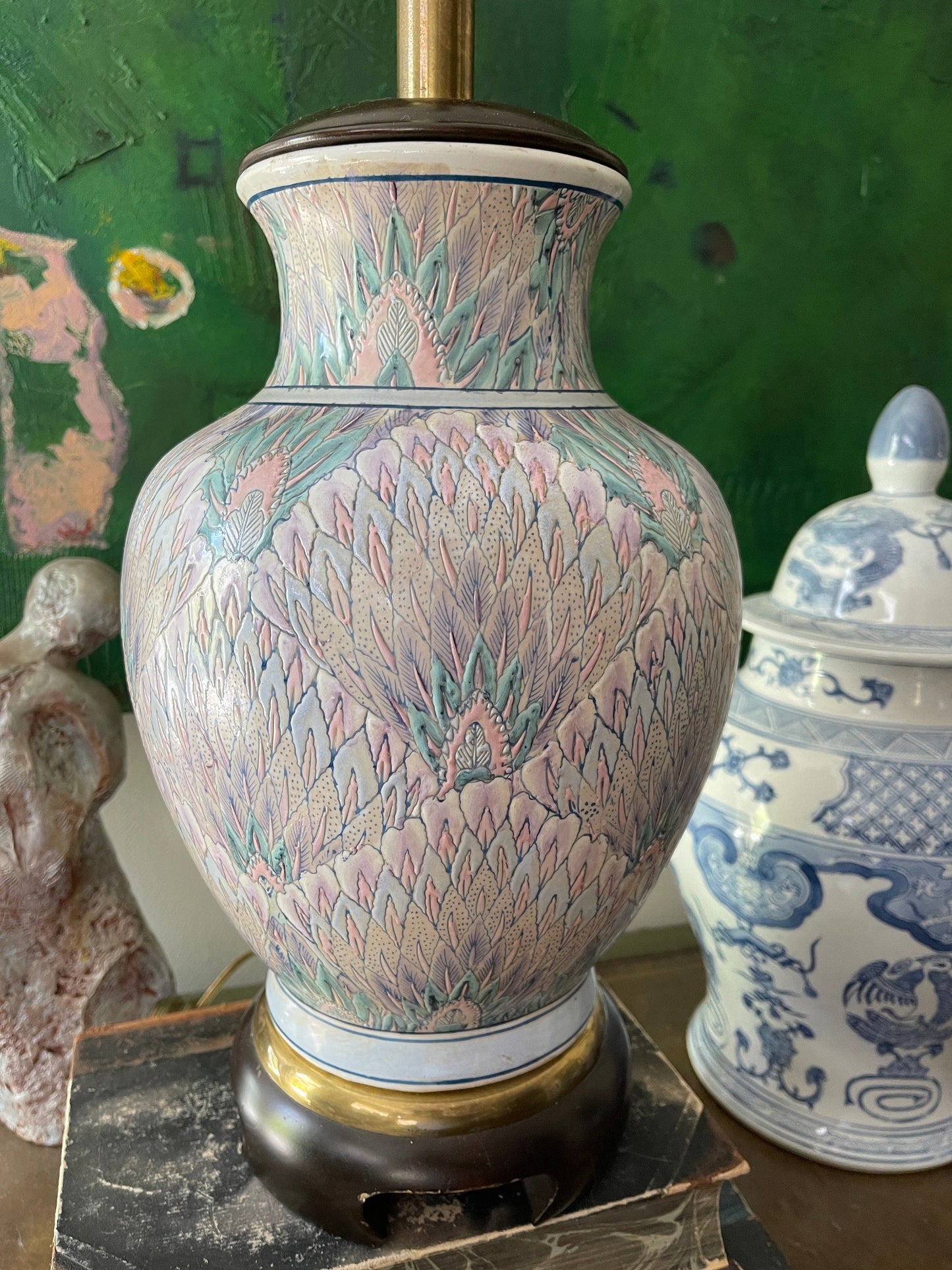 Vintage Frederick Cooper 1980s Pastel Peacock Chinoiserie Lamp