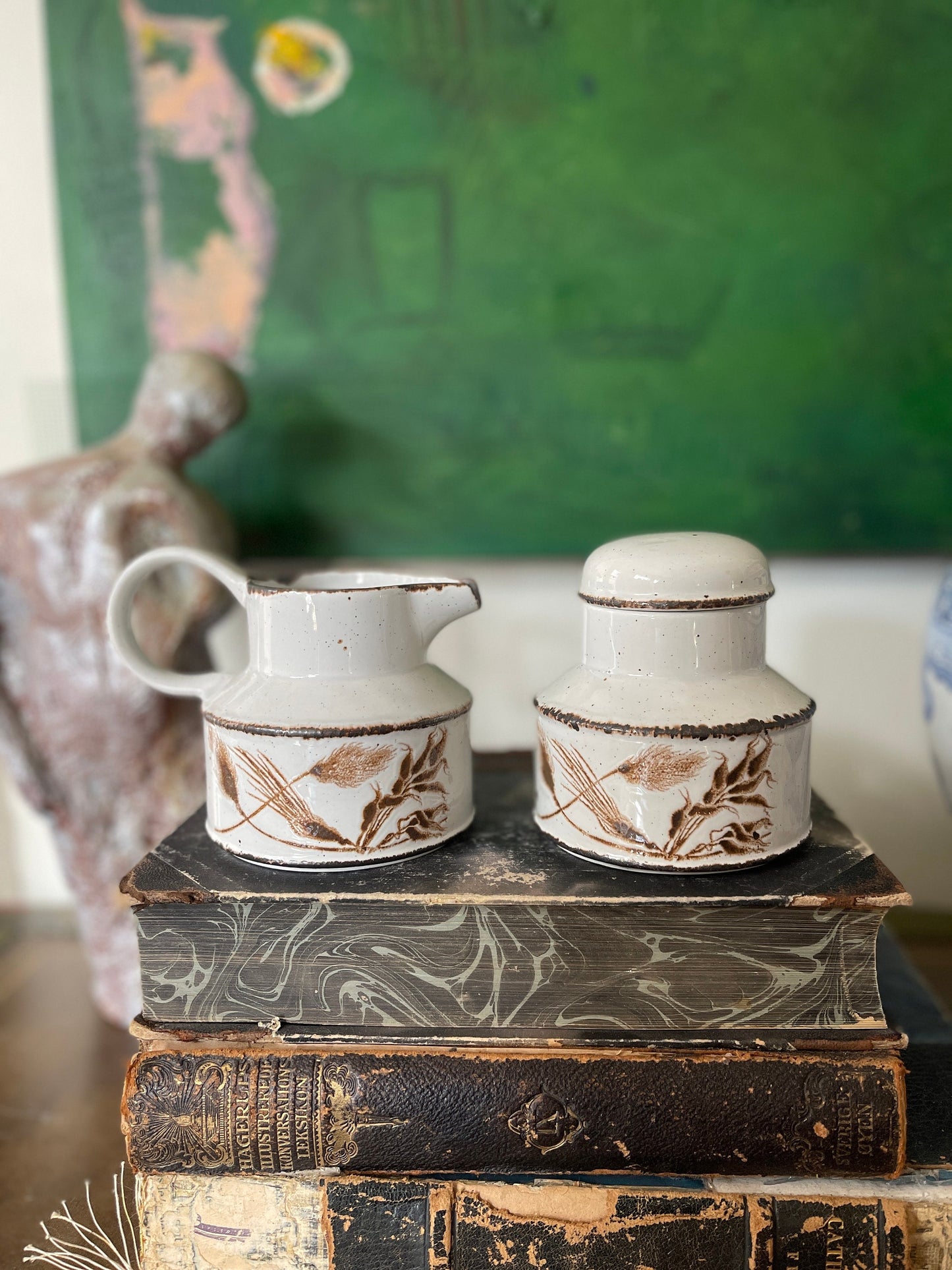 Vintage Stoneware English Wedgwood Wild Oats Stonehenge Pattern Creamer and Sugar Bowl